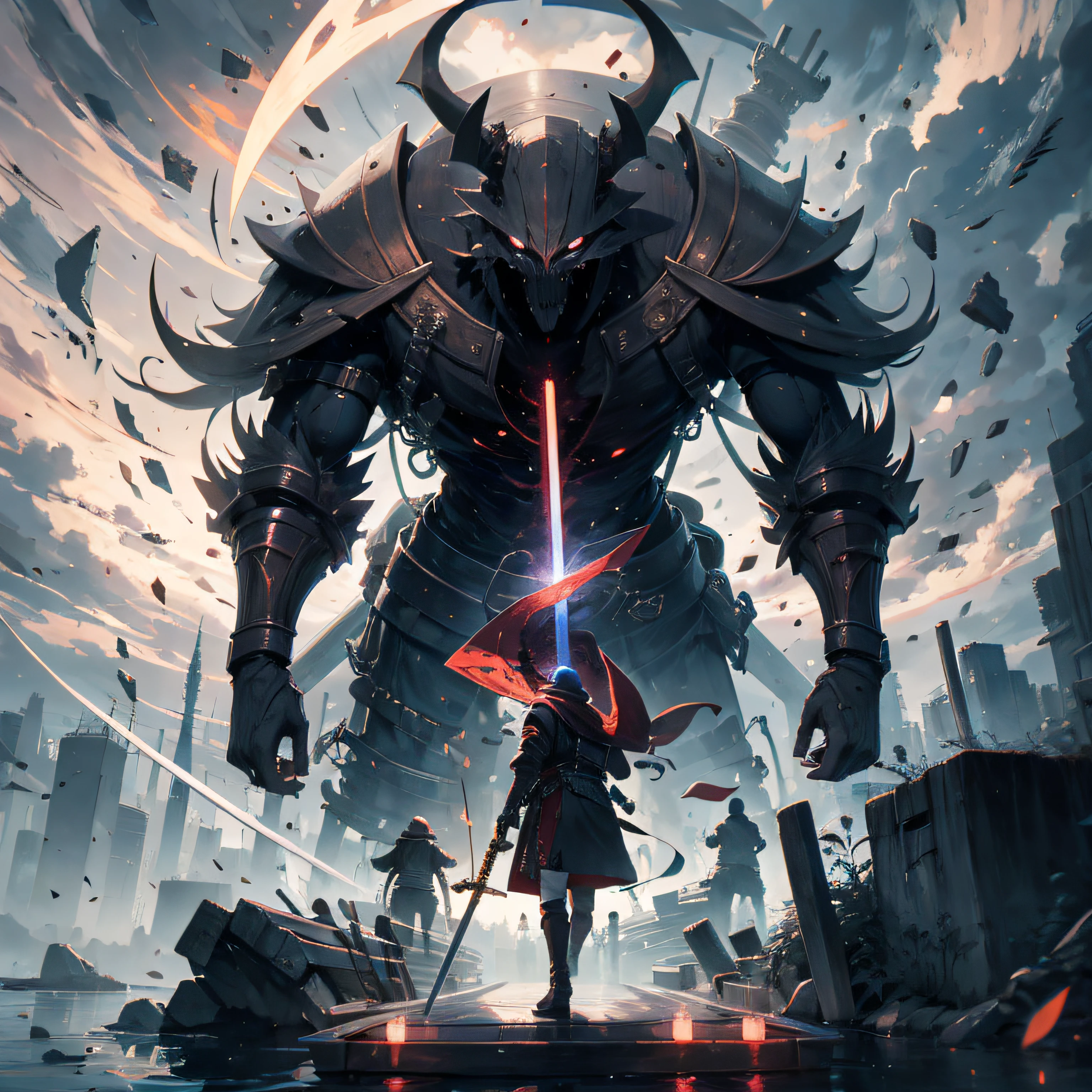 Two people standing on the boat,Sword in hand,The sword was surrounded by red light,Look at the giant demon in the distance