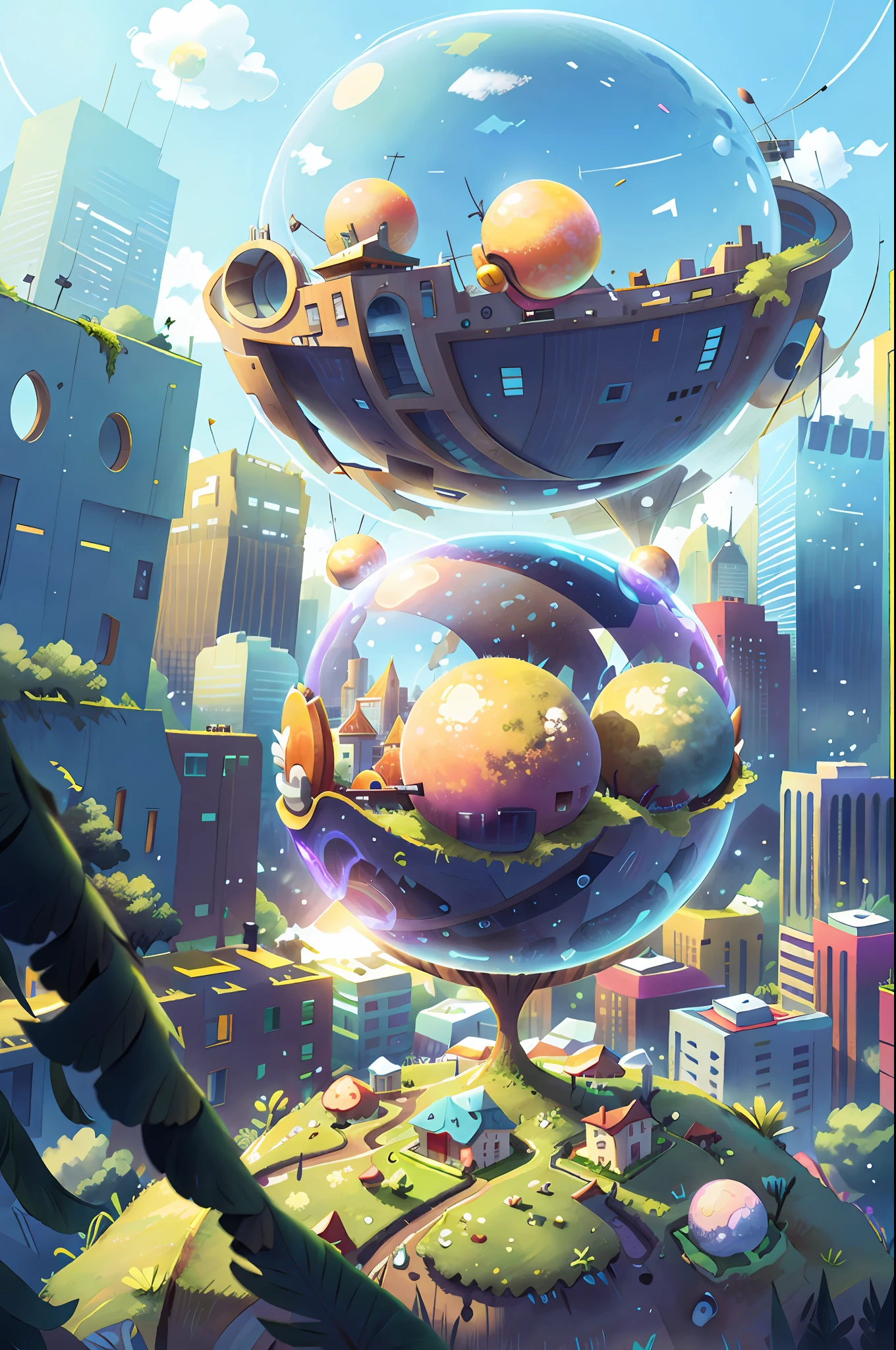 A sphere floating in the sky,In the sphere is a city in the background,The building is high-tech, beeple. hyper photorealism