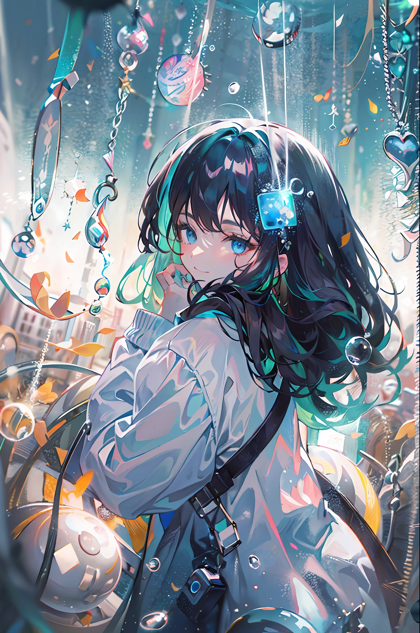 ((top-quality)), ((​masterpiece)), ((ultra-detailliert)), (extremely delicate and beautiful), girl with, 独奏, cold attitude,((Black jacket)),She is very(relax)with  the(Settled down)Looks,A dark-haired, depth of fields,evil smile,Bubble, under the water, Air bubble,bright light blue eyes,Inner color with black hair and light blue tips,Cold background,Bob Hair