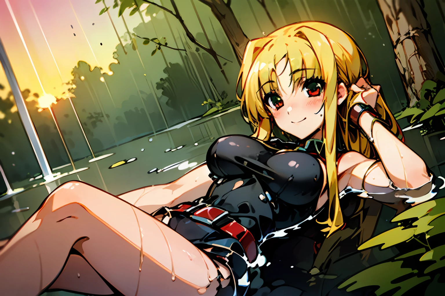 masterpiece, best quality, (1girl), solo focus, floating, lying in water, (big breasts), shy, open legs, blush, cool, little smile, blonde hair, red eyes, black leotard, (((arm belt)), red belts, forest lake, wet, sunset, Shot diagonally from below, one hand on head,