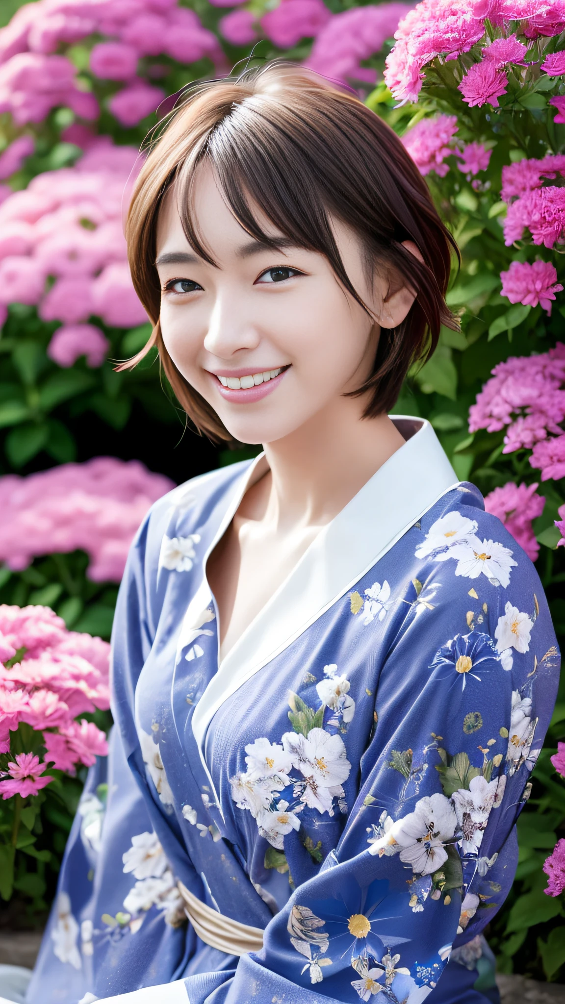 hyper realistic, ultra detailed photograph of a woman, laugh, silver short hair,tiny chest, blue eyes, age,summer,sitting in the flower garden,yukata
