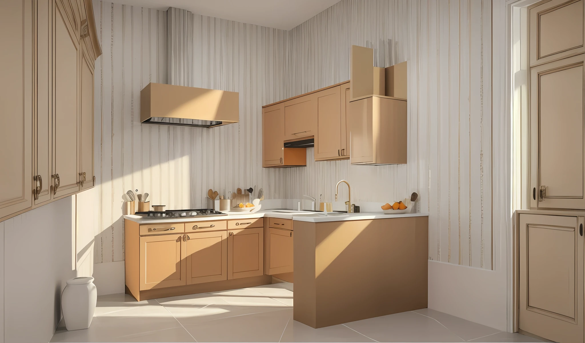 (Royal style kitchen), (complete and matching kitchen furniture), white stone countertops, oak cabinet doors, some orange interior details, decorative wallpaper, realistic lighting, EU5, best rendering, highest quality, excellent, best quality, 4k, interior architecture, neoclassical, superb cinematic lighting, top quality neoclassical furniture, top-notch image quality,