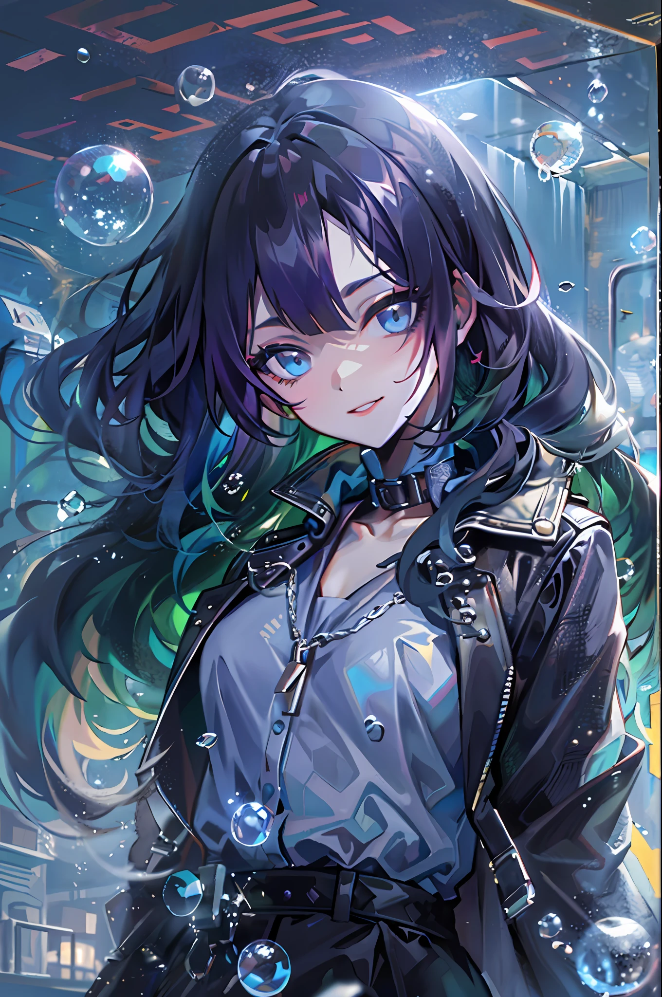 ((top-quality)), ((​masterpiece)), ((ultra-detailliert)), (extremely delicate and beautiful), girl with, 独奏, cold attitude,((Black jacket)),She is very(relax)with  the(Settled down)Looks,A dark-haired, depth of fields,evil smile,Bubble, under the water, Air bubble,bright light blue eyes,Inner color with black hair and light blue tips,Cold background,Bob Hair