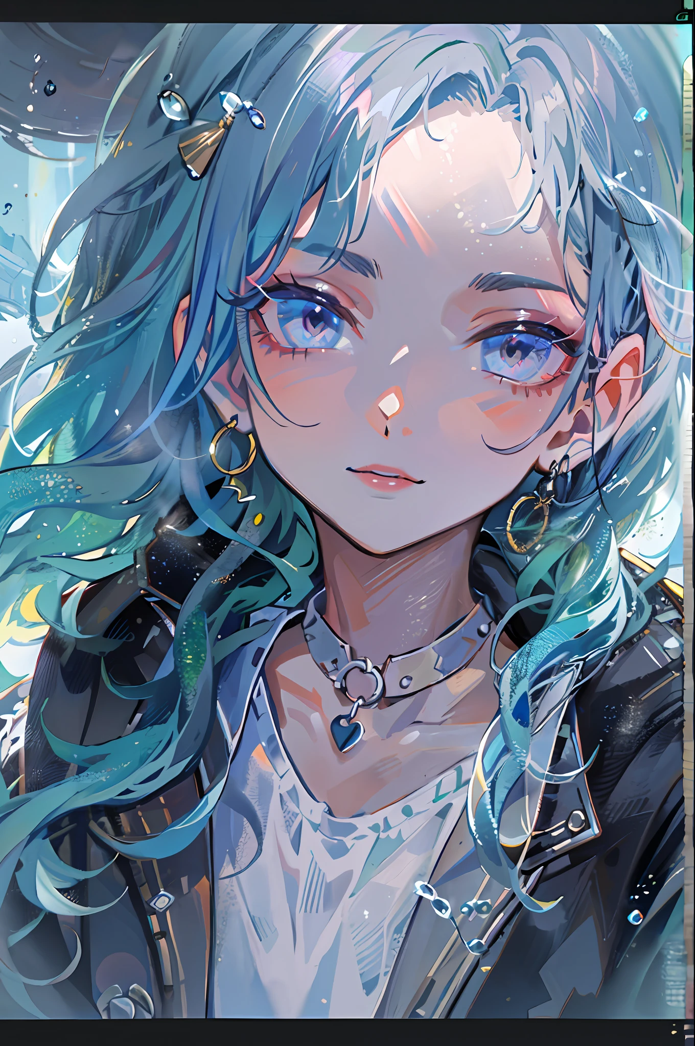 ((top-quality)), ((​masterpiece)), ((ultra-detailliert)), (extremely delicate and beautiful), girl with, 独奏, cold attitude,((Black jacket)),She is very(relax)with  the(Settled down)Looks,A dark-haired, depth of fields,evil smile,Bubble, under the water, Air bubble,bright light blue eyes,Inner color with black hair and light blue tips,Cold background,Bob Hair