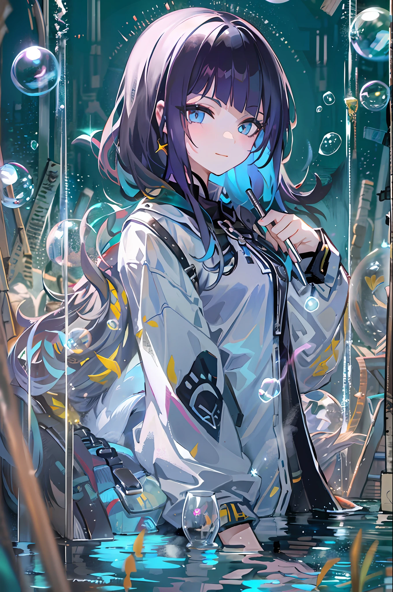 ((top-quality)), ((​masterpiece)), ((ultra-detailliert)), (extremely delicate and beautiful), girl with, 独奏, cold attitude,((Black jacket)),She is very(relax)with  the(Settled down)Looks,A dark-haired, depth of fields,evil smile,Bubble, under the water, Air bubble,bright light blue eyes,Inner color with black hair and light blue tips,Cold background,Bob Hair