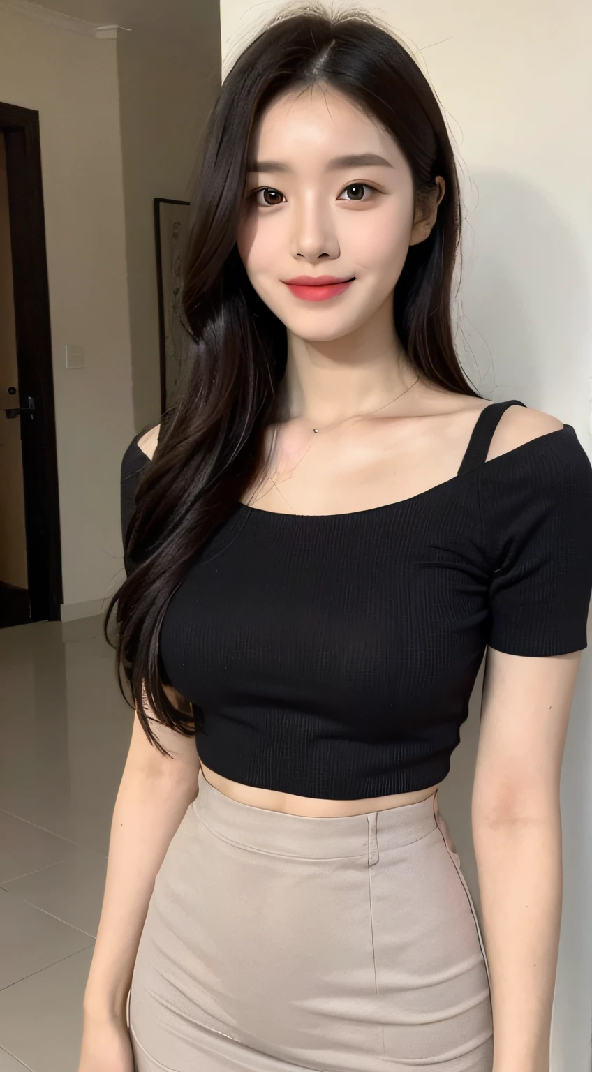 A girl of about 24 years old,simplicity,Extremely beautiful and delicate,(light make-up),Black color hair,A sweet smile,Delicate and beautiful fair skin,Realistic and realistic,exquisite and complete facial features,Detailed depiction of the face,tall nose bridge,Red lips,Beautiful, gentle and beautiful girl,Smooth hair,extremely detail hair,Feminine temperament,Fill your face light,hyper realisitc,photorealestic,8K quality,extremy detailed,Realistic details,Works of masters,Realistic to the extreme,big breasts body,Beautiful,Pure desire,Stunning beauty,Peerless beauty,Highest image quality,8K分辨率,goddes,ssmile,Fine facial features,Hair over the shoulder,A brown-haired,Large long thick legs,(((High-waisted French top))),(((short skirt))),rays of sunshine,facing at camera,The body is well-proportioned and firm,Gentle eyes,Exposing thighs,stand posture,Stand inside the mall,Full body photo