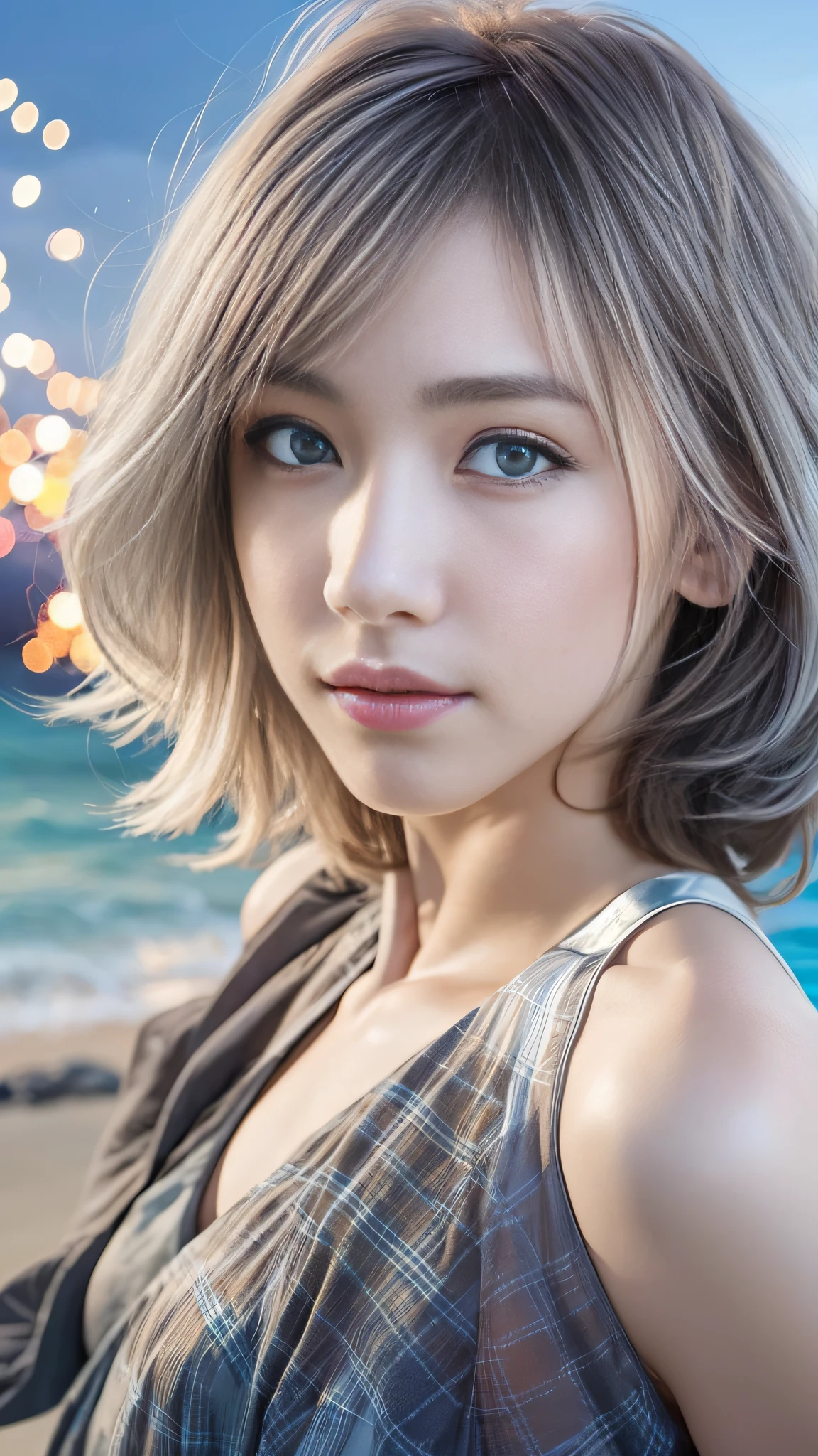 hyper realistic, ultra detailed, beautiful girl and her friend, silver short hair,tiny chest, blue eyes, age,summer,Looking up at fireworks from the beach