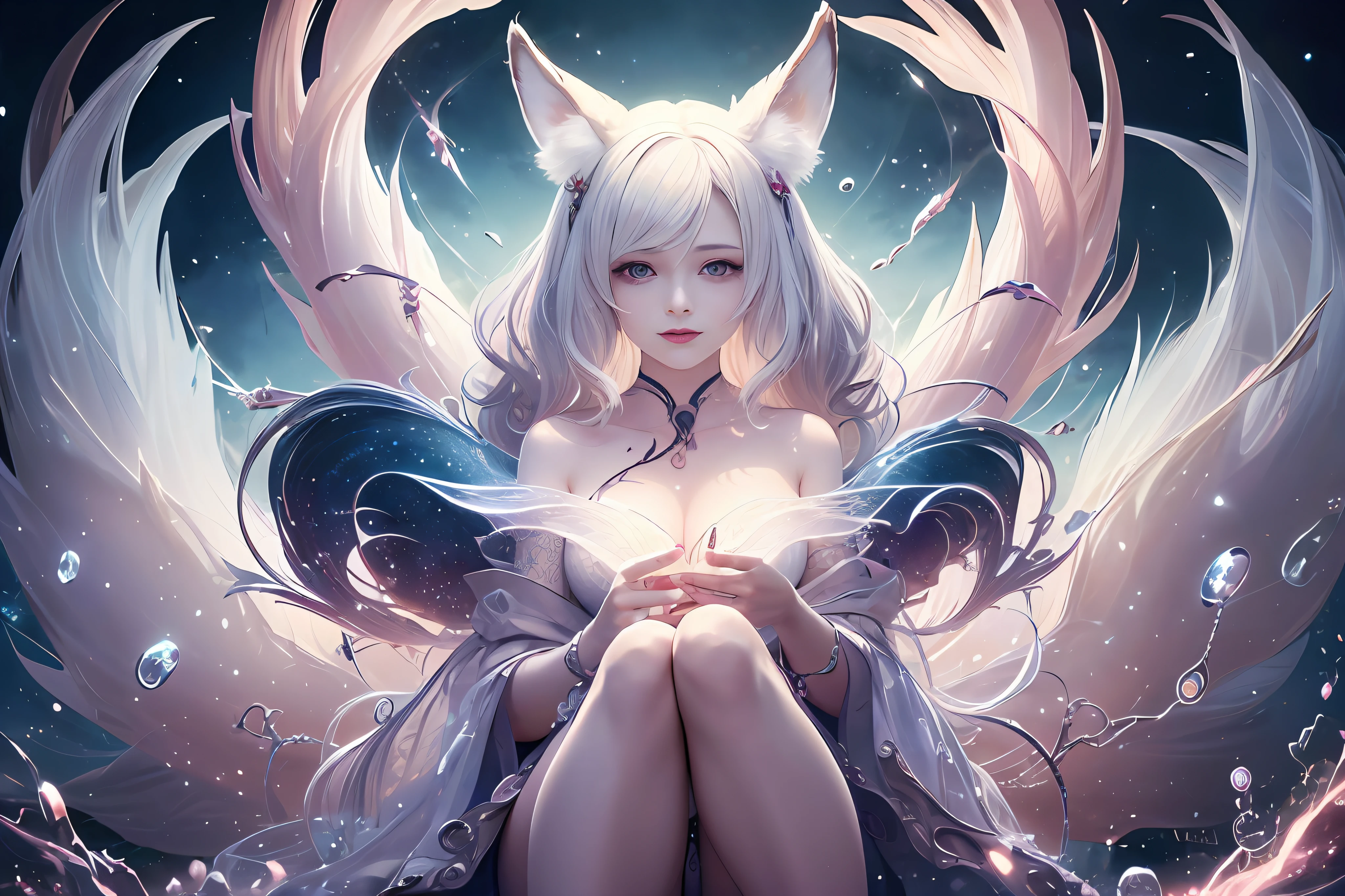 send，tmasterpiece，beautifuldetails，Extremely colorful，Exquisite details，Delicate lips，The details are complex，Realiy，Ultra photo realsisim，A girl and a white-haired fox sit on a branch：1.1，Raised sexy，seductiv，ethereal fox，nine tail fox，Fox three-tailed fox，Onmyoji detailed art，Nine tails，A beautiful artwork illustration，mythological creatures，red fox，Beautiful digital artwork，Exquisite digital illustration，mizutsune , Inspired by the mythical creature wildnet，Digital art on Pixiv，strong lights，hight contrast，Horror movie theme，Dark atmosphere