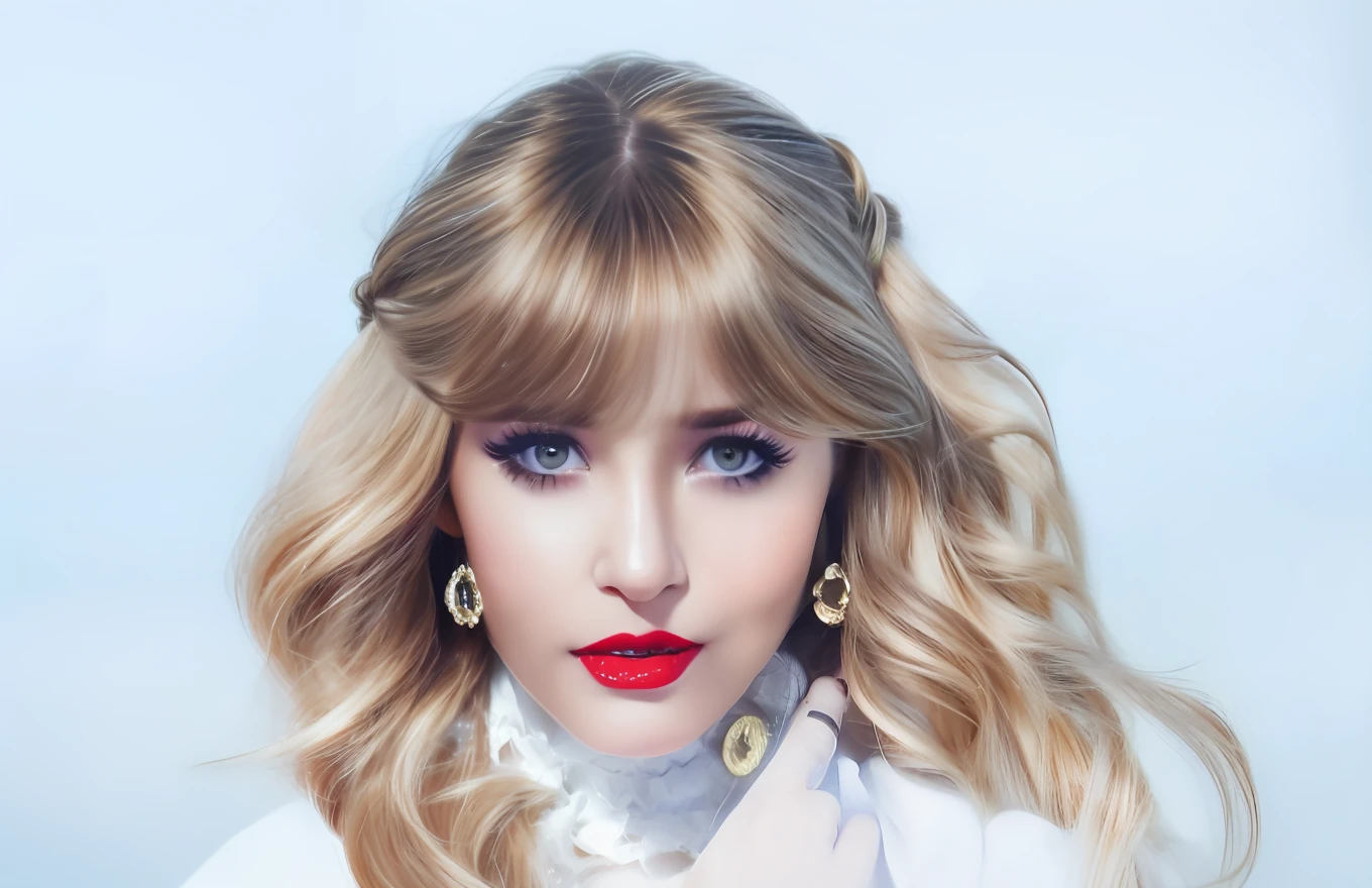 (8k, 4k, best quality, highres, ultra high res:1.1), (masterpiece, realistic, photo-realistic:1.1), 1girl, face, close-up, twintails, blonde hair, black eyes, red lips, (looking at viewer:2), absurdly long hair, long eyelashes, eyeshadow, small face, big eyes, bare shoulders, high contrast,