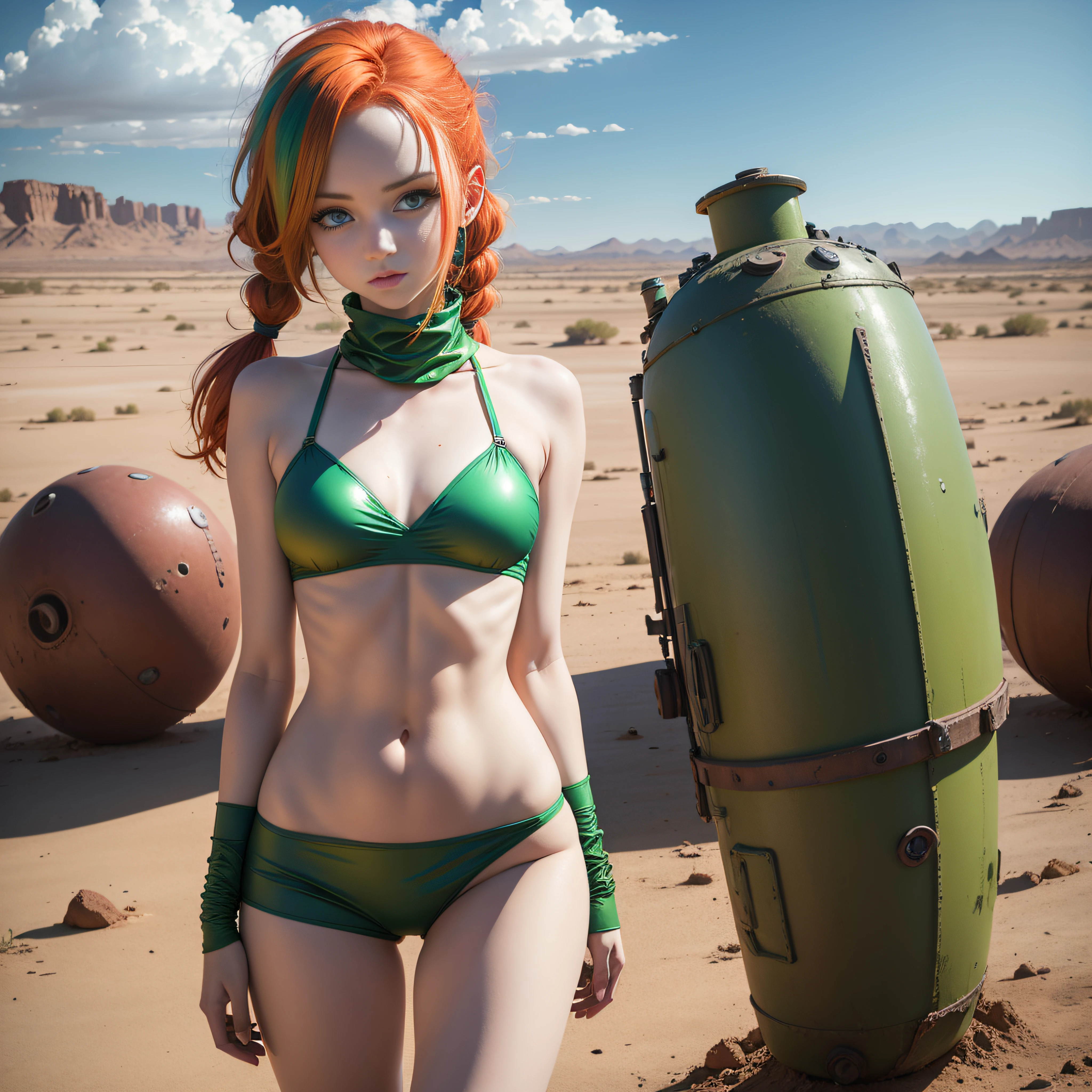 cute redhead woman in twin tails, multiple rainbow colored hair, sky-blue eyes, happy, Ukrainian, petite, pale skin, wearing a green metallic color bikini, post apocalyptic background, bleak barren desert, photo realistic woman. --auto