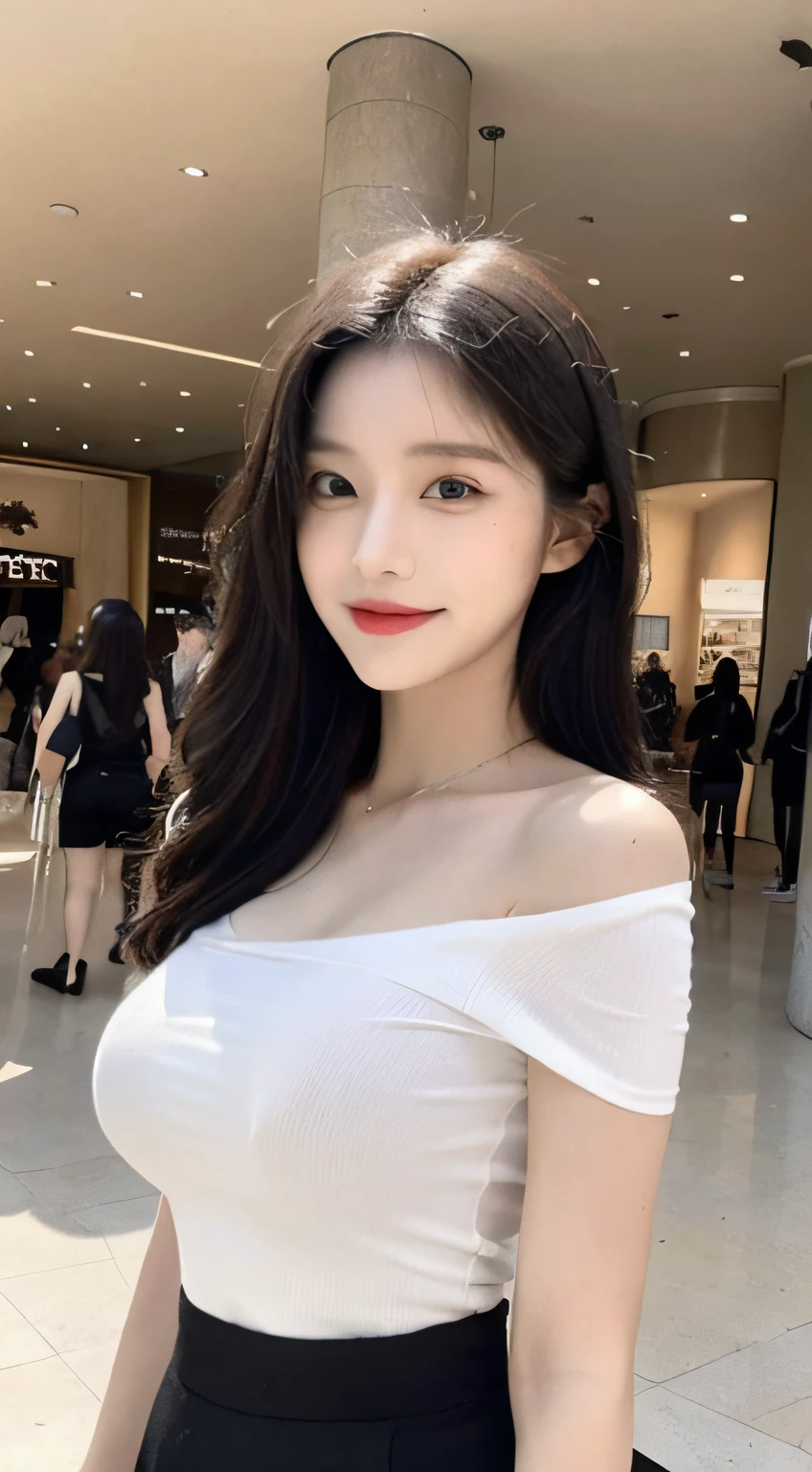 A girl of about 25 years old,simplicity,Extremely beautiful and delicate,(light make-up),Black color hair,A sweet smile,Delicate and beautiful fair skin,Realistic and realistic,exquisite and complete facial features,Detailed depiction of the face,tall nose bridge,Red lips,Beautiful, gentle and beautiful girl,Smooth hair,extremely detail hair,Feminine temperament,Fill your face light,hyper realisitc,photorealestic,8K quality,extremy detailed,Realistic details,Works of masters,Realistic to the extreme,big breasts body,Beautiful,Pure desire,Stunning beauty,Peerless beauty,Highest image quality,8K分辨率,goddes,ssmile,Fine facial features,Hair over the shoulder,A brown-haired,Large long thick legs,(((High-waisted French top))),(((short skirt))),rays of sunshine,facing at camera,The body is well-proportioned and firm,Gentle eyes,Exposing thighs,stand posture,Stand inside the mall,Full body photo