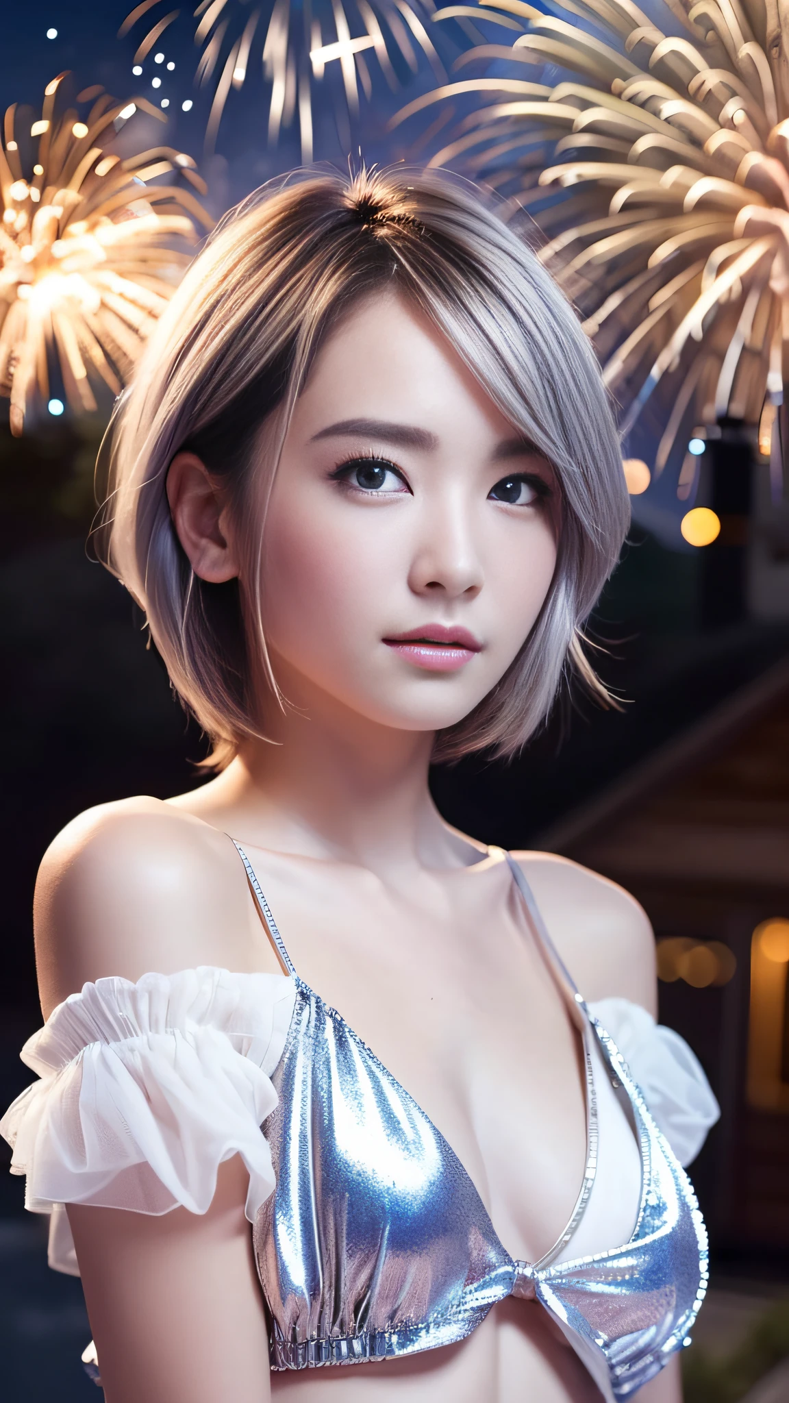 hyper realistic, ultra detailed, beautiful girl and her friend, silver short hair,tiny chest, blue eyes, age,summer,Looking up at fireworks from the roof