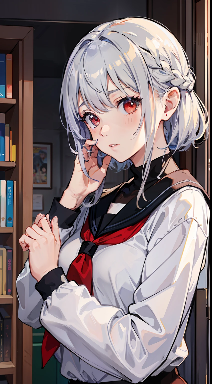 ((Embarrassing)), ((Changing clothes)), ((Put your hands on your face)), ((Slouched)), 1 Whole body of a girl, elvish, ((silber hair)), Red Eyes, bob cuts, Braided hair, student clothes, a sailor suit, inside in room, speculum, gender change, concept-art, beautiful anime scene, Beautiful anime scenery, top-quality, ​masterpiece, 4K