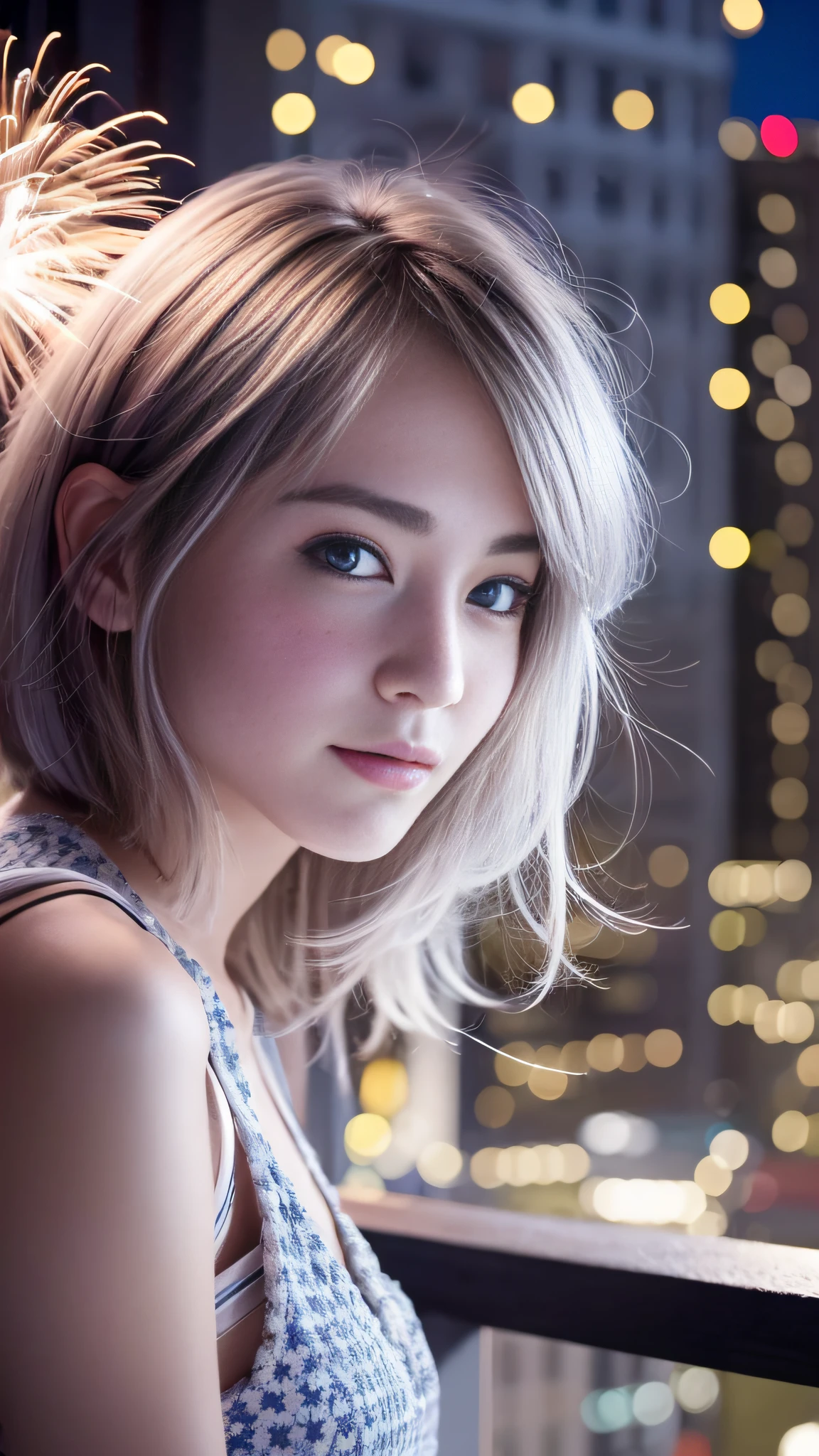hyper realistic, ultra detailed, beautiful girl and her friend, silver short hair,tiny chest, blue eyes, age,summer,Looking up at fireworks from the roof