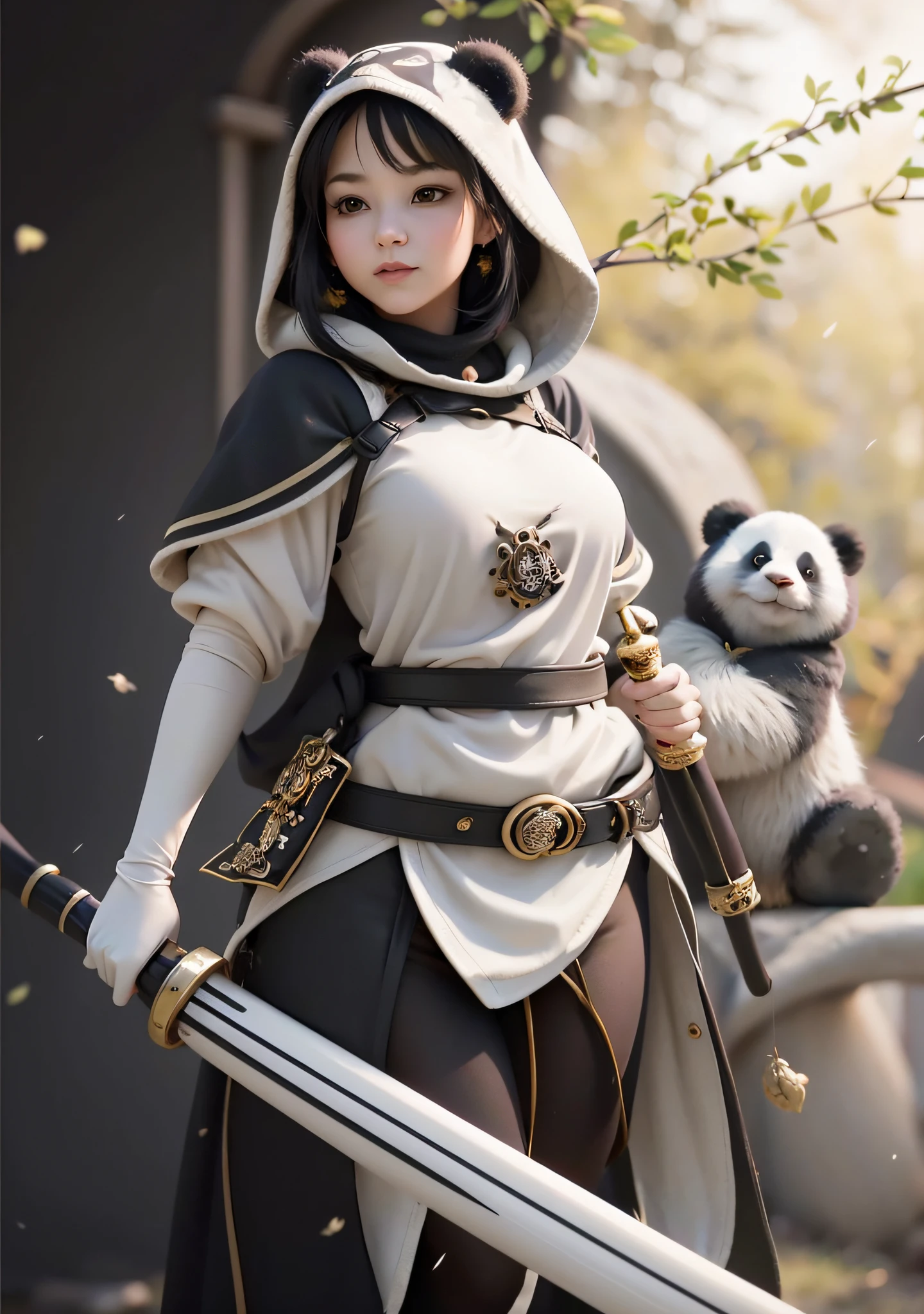 beautiful woman facing the camera black hair asian eyes, wearing a black and white panda hood holding a gleaming sword silver and gold Masterpiece, wit a cute panda bear in the background, best quality, high quality, highly detailed CG unity 8k wallpaper beautiful landscape oil painting, award winning photography, bokeh, depth of field, HDR, bloom, chromatic aberration, photorealism, highly detailed, trending on artstation, on CGsociety Trending, intricate, high detail, dramatic, midjourney art and masterpiece, best quality, high quality, extremely detailed CG unity 8k wallpaper lush summer landscape with rolling green hills stretching towards the horizon, dotted with pink, yellow wildflowers, and purples, volumetric lighting and masterpiece, best quality, high quality, extremely detailed CG unity 8k wallpapers serene autumn landscape surrounded by trees in shades of golden yellow, fiery red and burnt orange. The crisp air is laced with the sweet aroma of fallen leaves and wood smoke. --auto