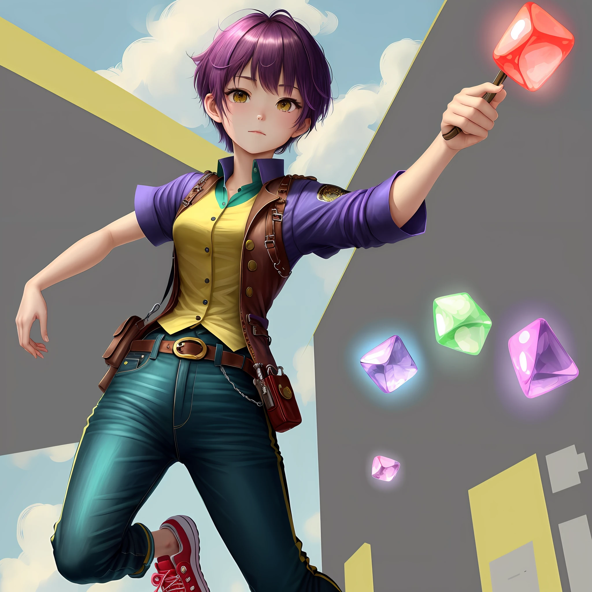 She、((Police officer of the future))and、((Draw an image of throwing a gem))。She((reddish、green grass、amarelo、A jewel soaring in the purple sky))Having、((We make an octagonal barrier))。She((Dressed in red sneakers))、((I have a baton in my hand))。She((I have short-cut hair and wear blue half-skinny pants))。The background is((Simple、Draw a full-length drawing of one person standing like steampunk))。
