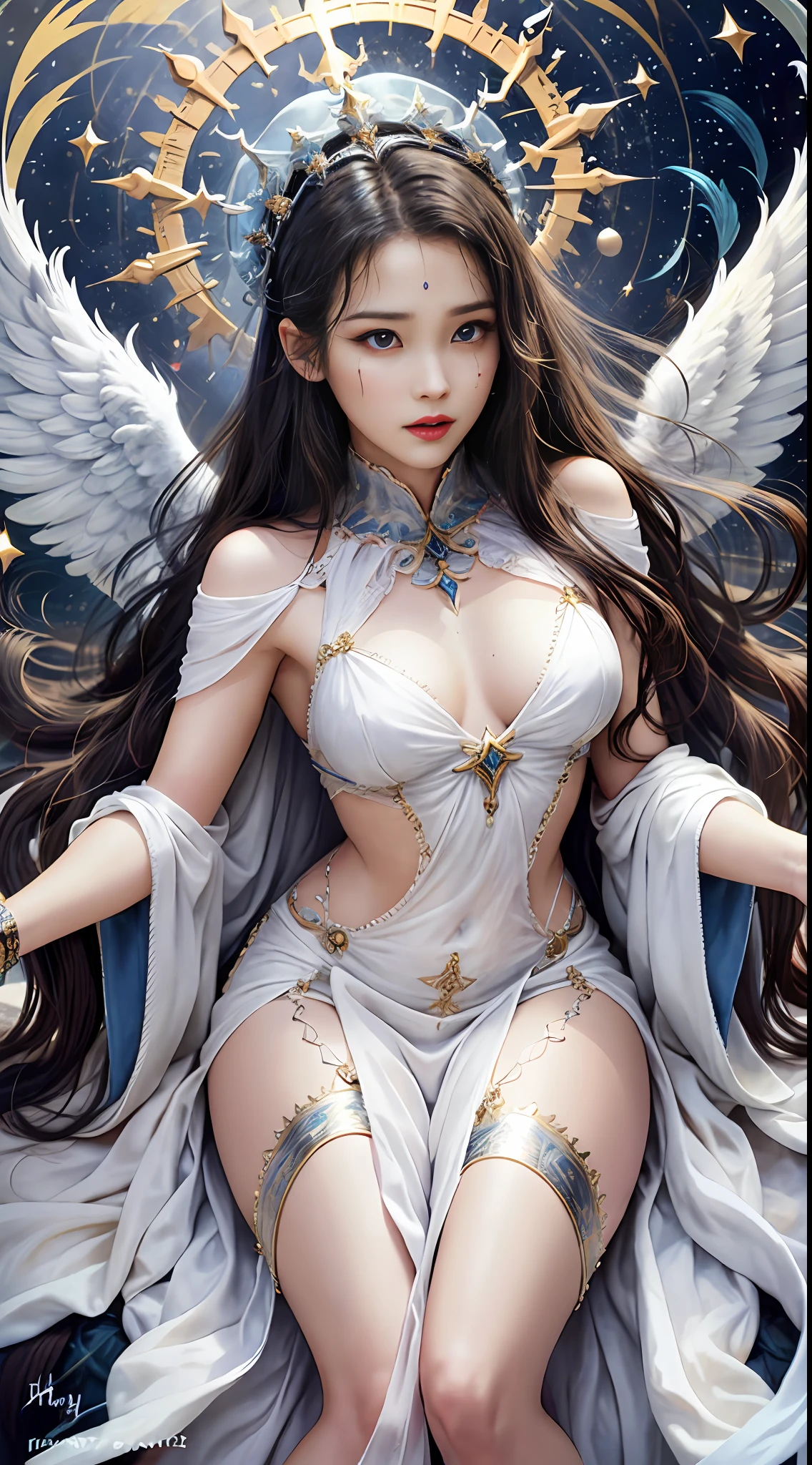 Ultra hd, a beautiful angel of light, a magical spirit of light, is a character full of a sense of justice and divine power, she is usually depicted as a beautiful female angel with wingsand and very long hair, wearing a shining white robe and golden armor, gentle eyes, beautiful eyes, the image of the royal sister angel is very beautiful and noble, her face is usually depicted very soft, pure and elegant. Her divine power is also very powerful and is often used to protect and help those in need. Explore your creativity and depict this mysterious and fictional creature. Use vibrant colors, unique shapes, and fun textures to make your images unique and engaging. I am glad to see your artistic interpretation of the whole body, light, random dynamic poses, shining halos, beautiful and noble angels, magical light magic, perfect spell casting, blessing prayer,