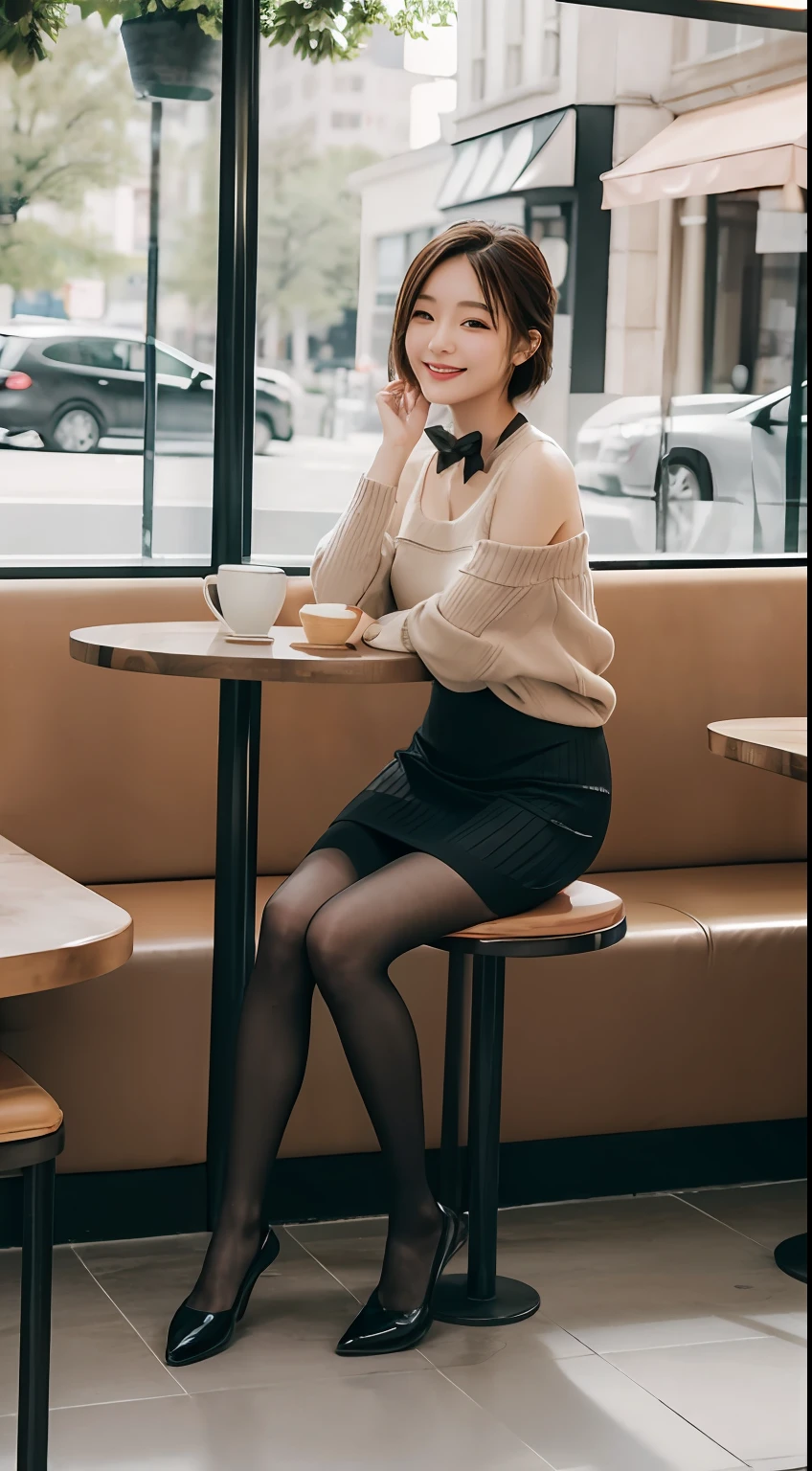 8k uhd, dslr,film grain, Fujifilm XT3,(best quality:1.3), (masterpiece:1.1), high resolution, cinematic light, intricate details, (photorealistic),outside,beautiful outside,sunny,
korean girl,(in cafe:1.5) , dimples, bobcut, looking at viewer, detailed trees, ribbons, bowties, bare shoulders, ribbed sweater, 
pencil skirt, high-waist skirt, head rest, sitting, indoors,
 necklace,black pantyhose, sheet transportation sweater, (smile),(full body:1.6),slender,