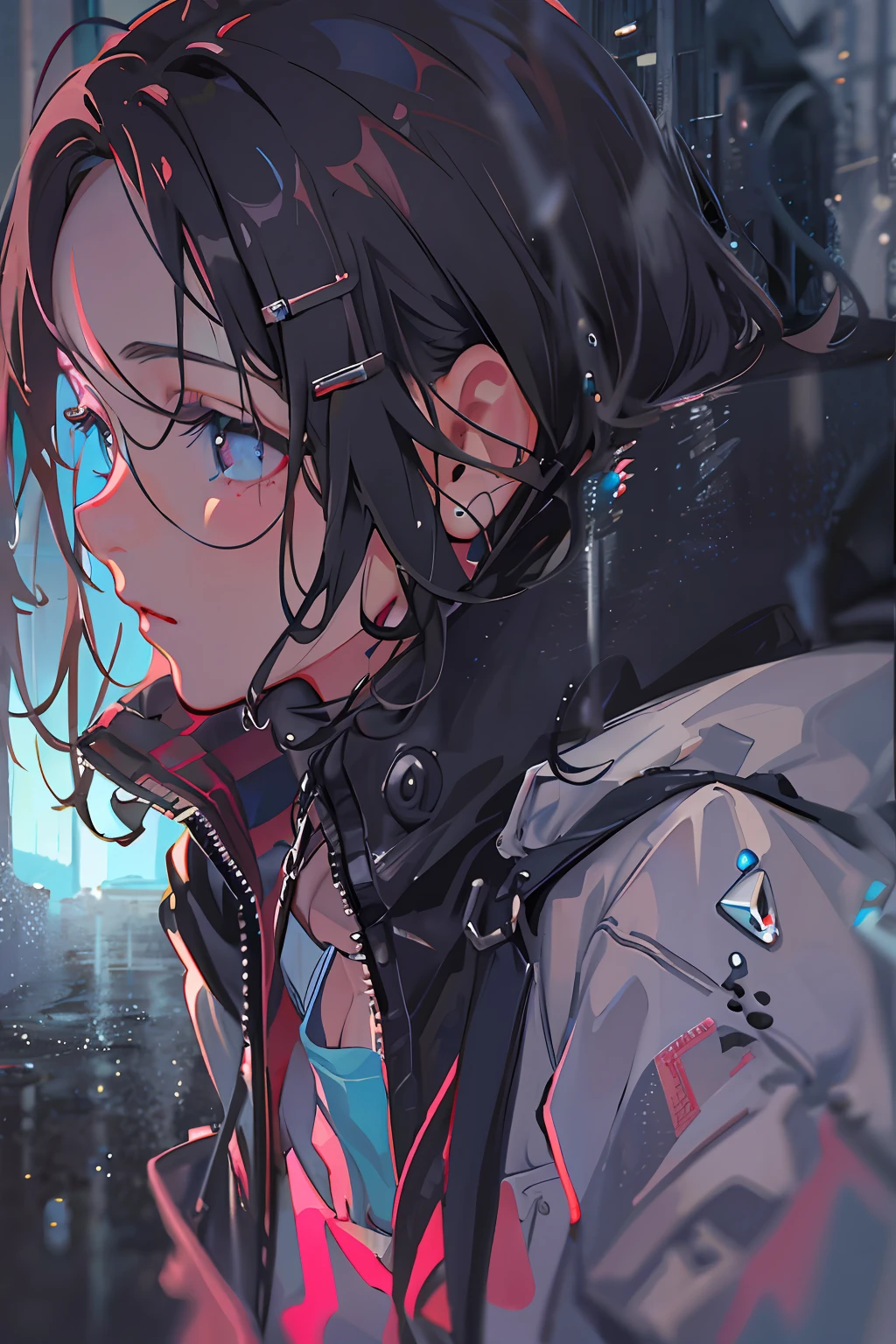 1girl, jacket, rain, outdoor, hoodie, open jacket, chain, backpack, looking at another, messy hair, trending on artstation, 8k resolution, highly detailed, anatomically correct, sharp image, digital painting, concept art, trending on pixiv, style of makoto shinkai,