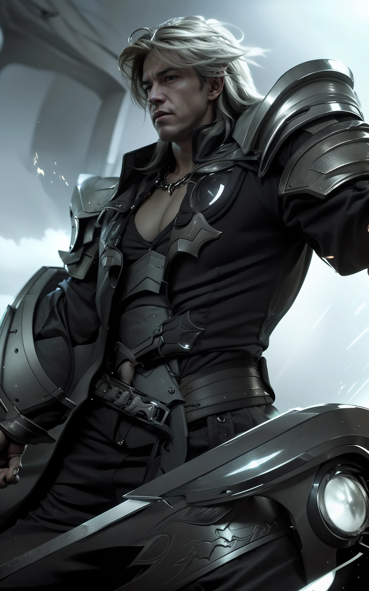 ((Best Quality, 4K, Masterpiece: 1.3)), a man with a sword, big eyes, perfect eyes, western man, western, Mullet Hairstyle, Mullet for man, wave mullet, thancred waters in style of wlop, a man with white hair, Sigma male, Muscle body, with armor hand, armor arm, 4K, HD, Ultra Realistic, extremely detailed, (Detailed:1.4)