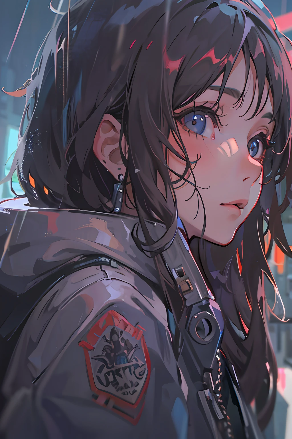 1girl, jacket, rain, outdoor, hoodie, open jacket, chain, backpack, looking at another, messy hair, trending on artstation, 8k resolution, highly detailed, anatomically correct, sharp image, digital painting, concept art, trending on pixiv, style of makoto shinkai,