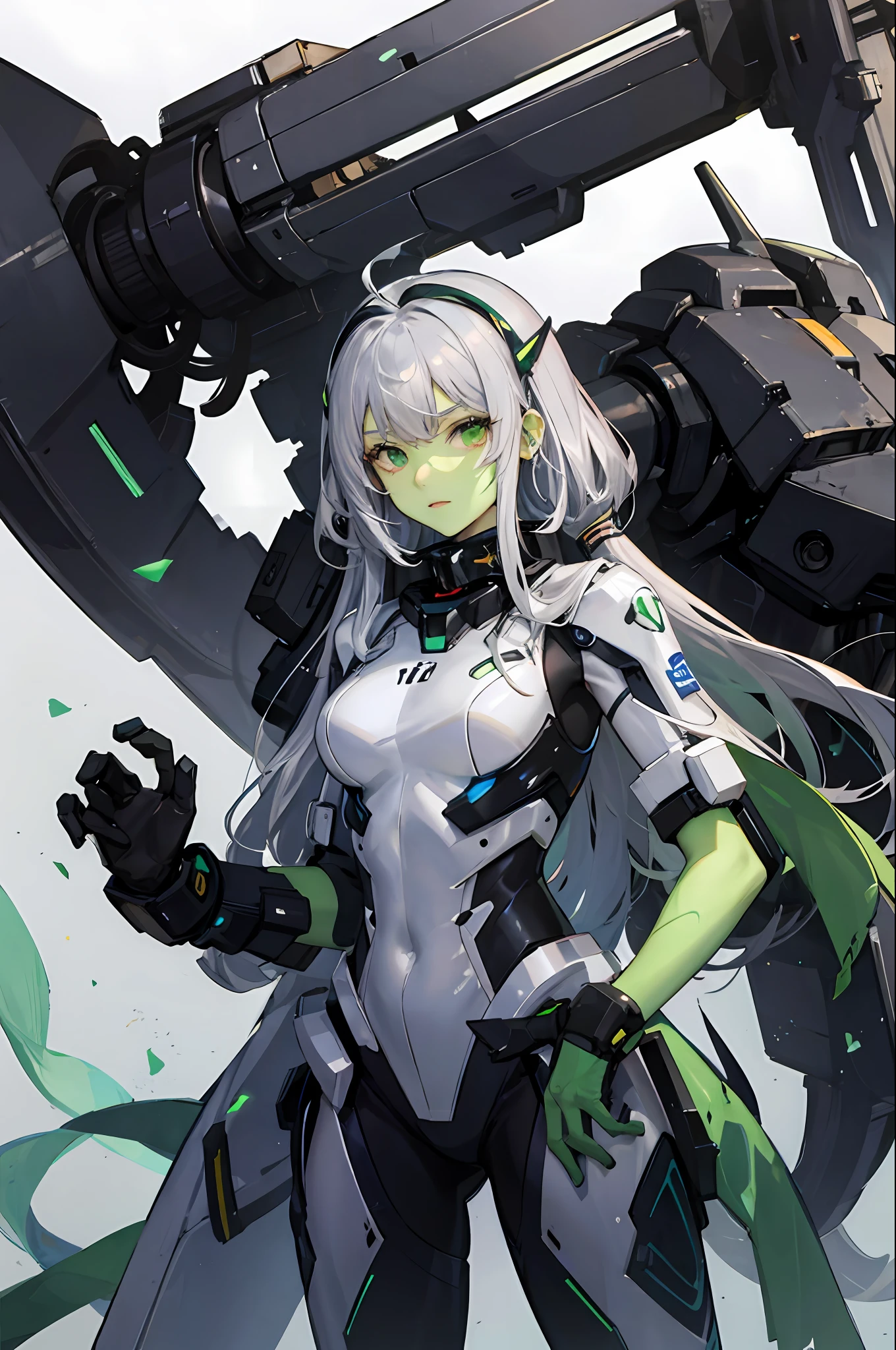 Girl with green skin，Wearing a mecha suit，Silvery hair，