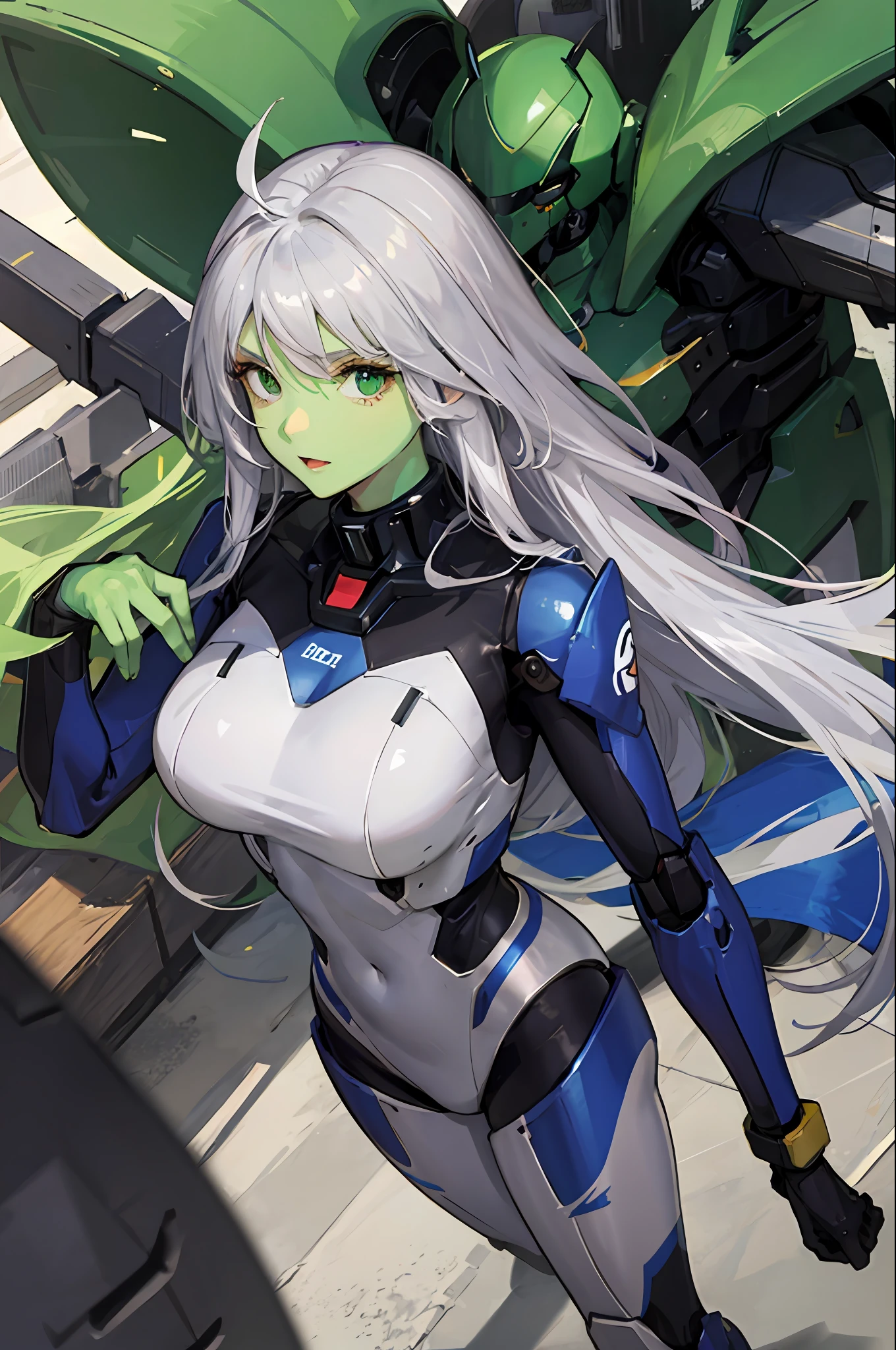 Girl with green skin，Wearing a mecha suit，Silvery hair，