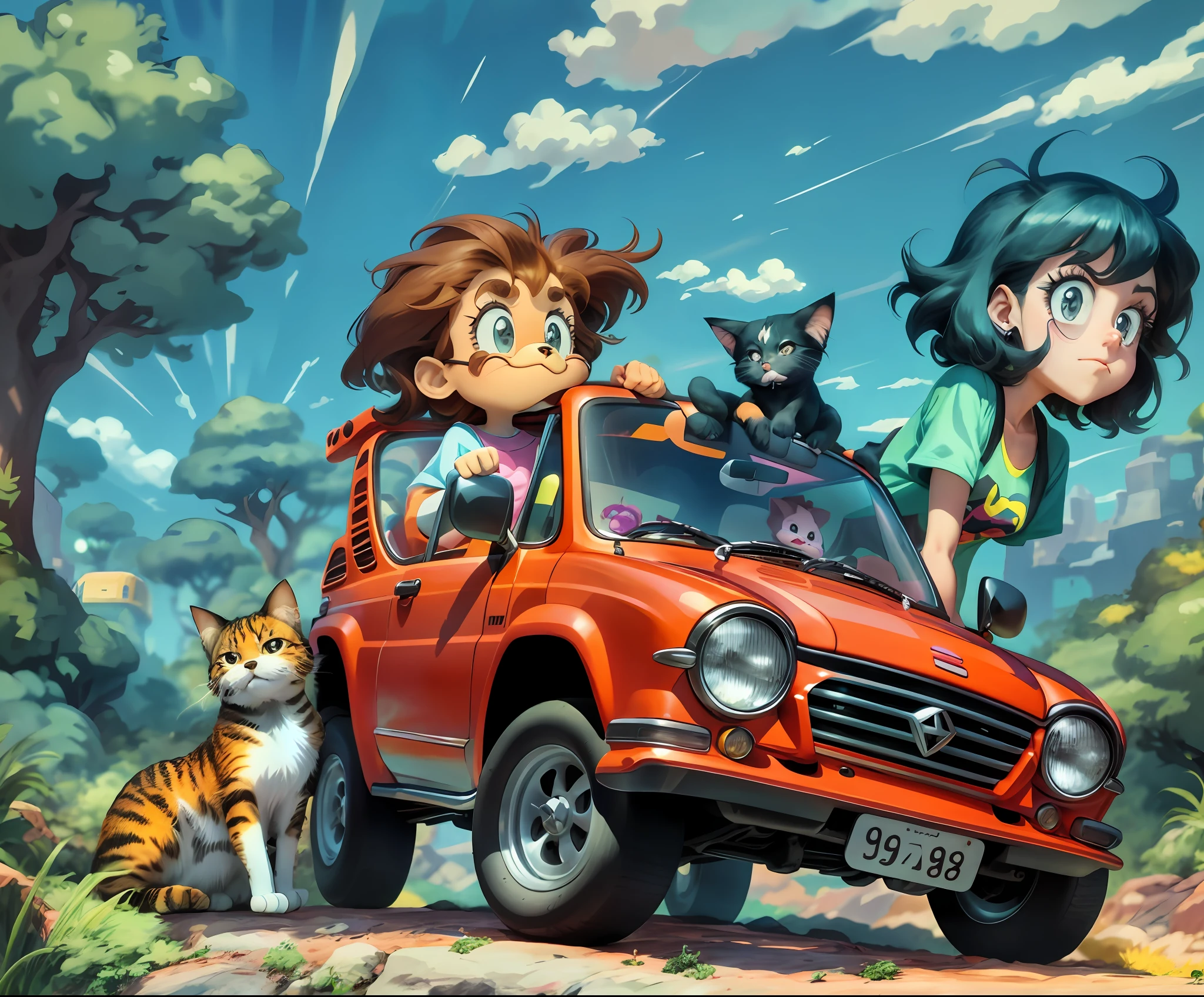 cartoon characters riding in a car with a cat and dog, official art, promotional art, hq artwork, official fanart, steven universe style, steven universe, official artwork, in the art style of 8 0 s anime, 9 0 s anime art style, totorrl, 2d game fanart, road trip, game art!!, 8 0 s anime art style