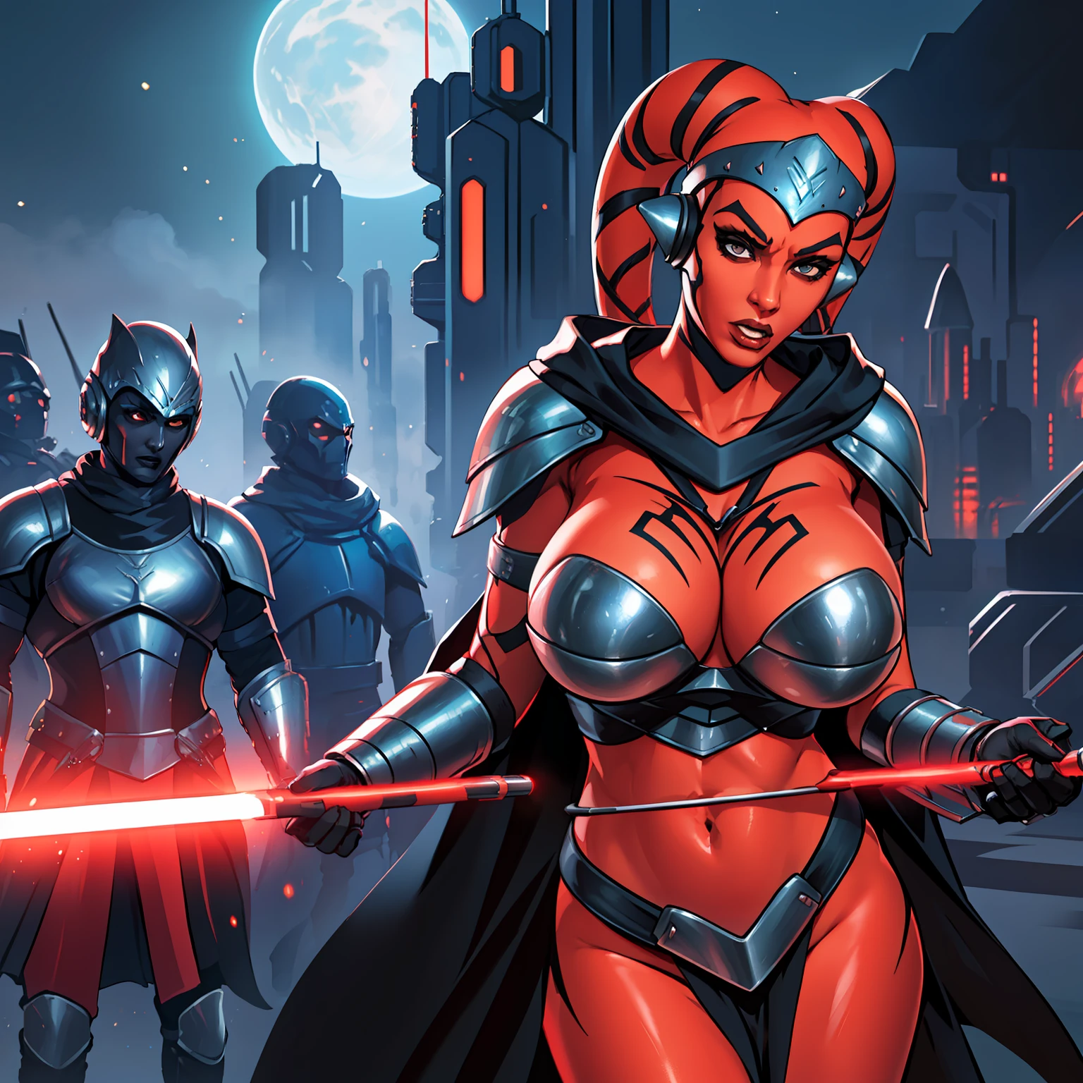 armor, busty, athletic, gigantic boobs, ((red skin), twi'lek), dual red lightsabers, evil space knight, space ninja, (wearing black robes, black stealth armor, breastplate, tunic, tabard, cowl, cloak, body glove, straps, buckles, skirts, long sleeves, fantasy, ((armor))), ((busty), slender body, thin, slim sexy body, slim waist, long legs, toned legs, (((top heavy, gigantic breasts)))), Imperial starship, Star Wars, action scene, fighting