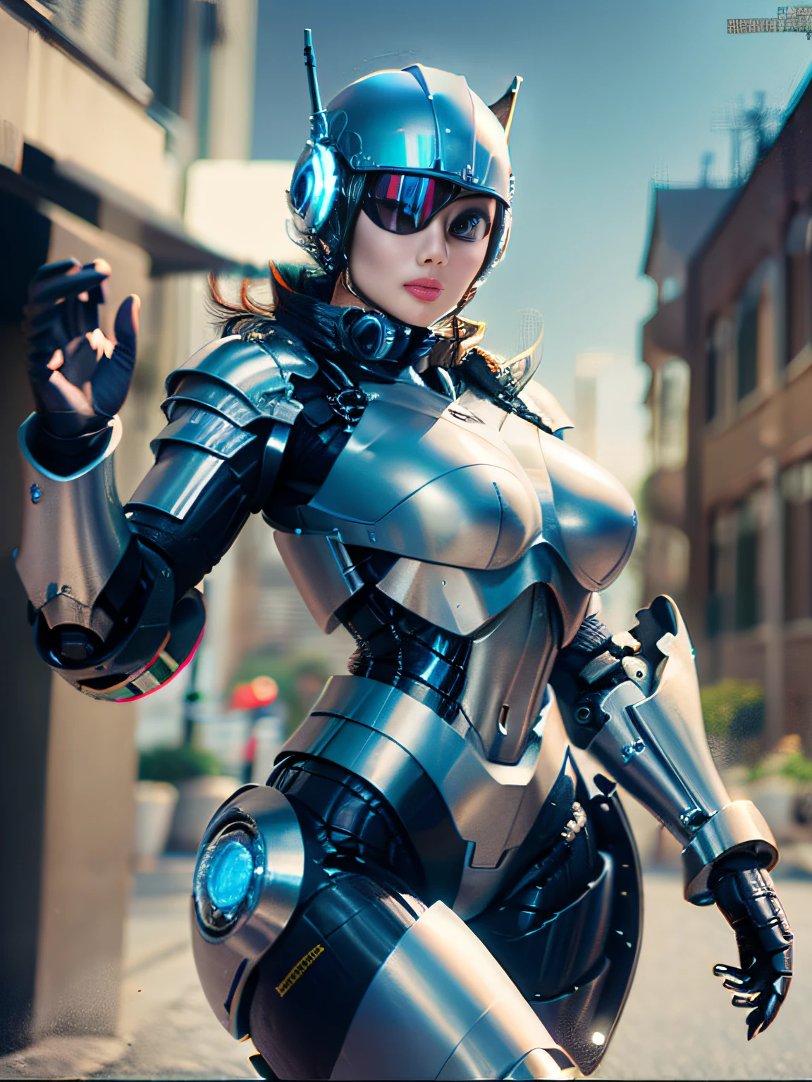 One Woman Robocop、Combat Robots、Armor that completely covers the whole body、very large breast-shaped chest armor,,、Helmet to hide your eyes、Iridescent shiny armor、Armor that completely covers the chest,,、Slender and long legs、Vibrant poses、full-body view