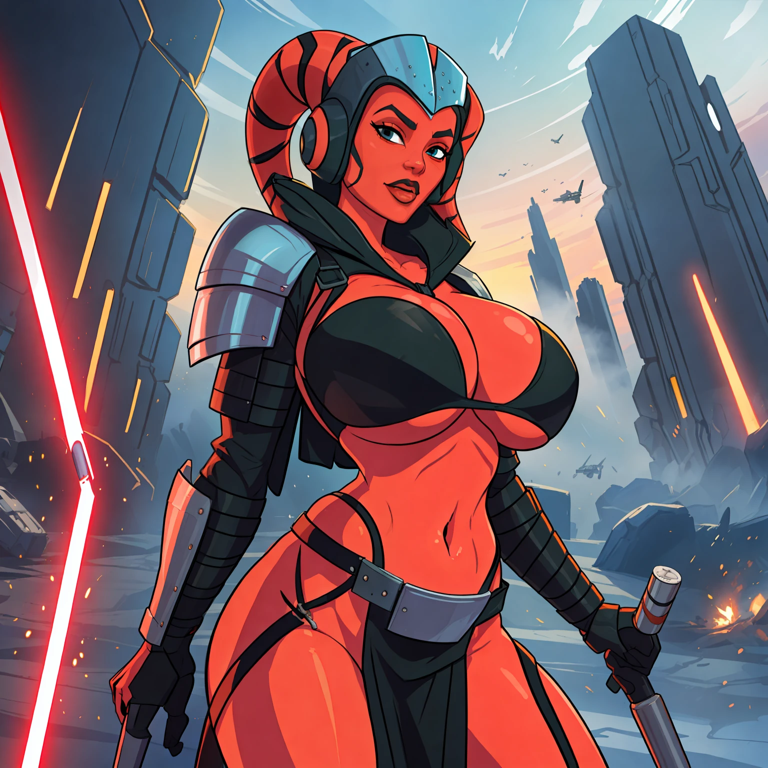 armor, busty, athletic, gigantic boobs, ((red skin), twi'lek), dual red lightsabers, evil space knight, space ninja, (wearing black robes, black stealth armor, breastplate, tunic, tabard, cowl, cloak, body glove, straps, buckles, skirts, long sleeves, fantasy, ((armor))), ((busty), slender body, thin, slim sexy body, slim waist, long legs, toned legs, (((top heavy, gigantic breasts)))), Imperial starship, Star Wars, action scene, fighting
