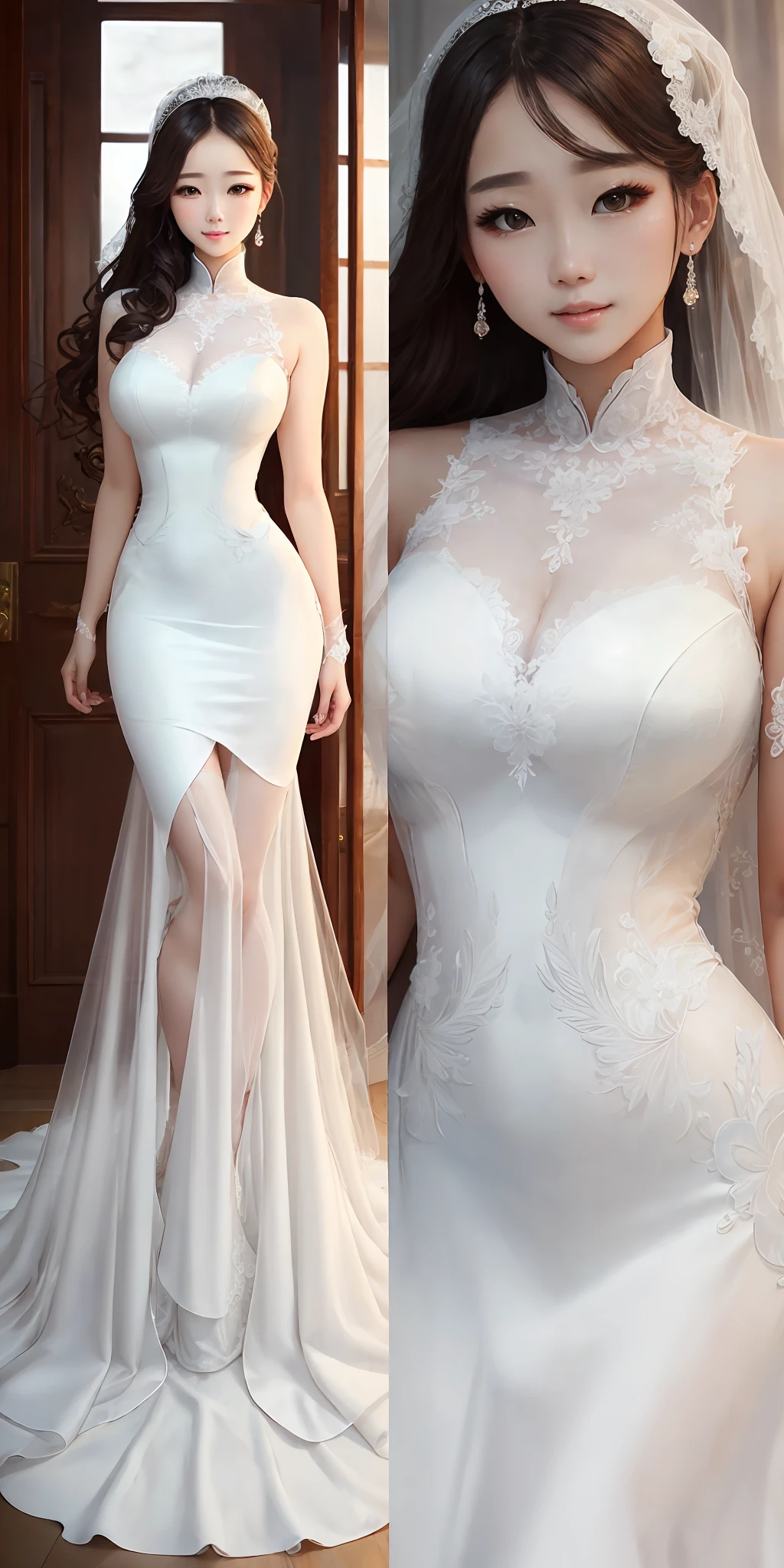 top-quality、masterpiece、hight resolution、China Door Opening、1girl、big body、Sexy Extremes、light as gauze(see -through)、Large openwork see-through、beautiful and delicate face、(body of desire)Perfect slim body(Nipple slip:0.5)、Perfect snow-white skin(natta)、wedding dress --auto