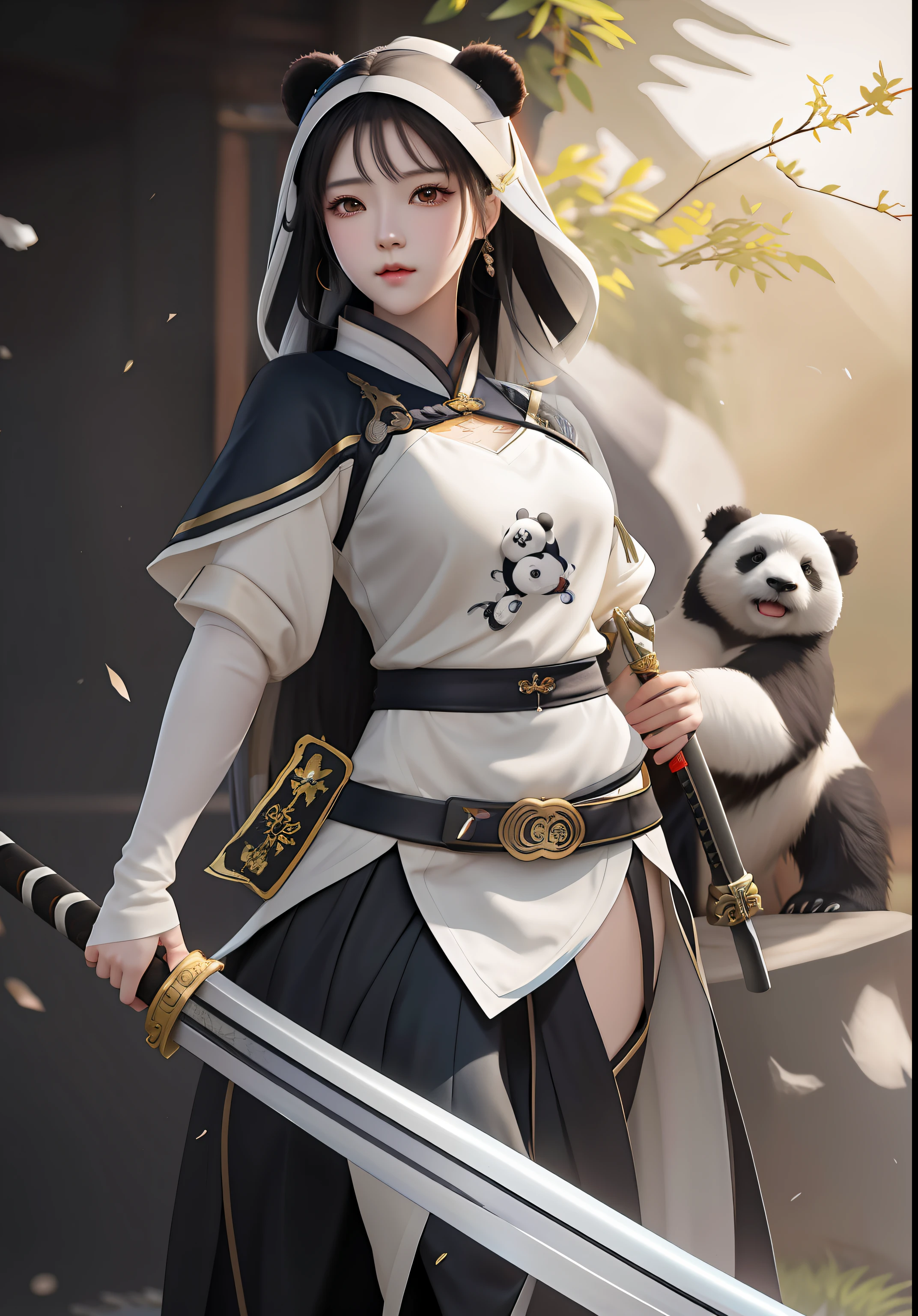 anime girl with sword and panda bear in background, artwork in the style of guweiz, fanart best artstation, by Yang J, inspired by Ju Lian, she is holding a katana sword, chengwei pan on artstation, inspired by Wu Li, inspired by Wu Bin, ruan jia and artgerm, full body xianxia
