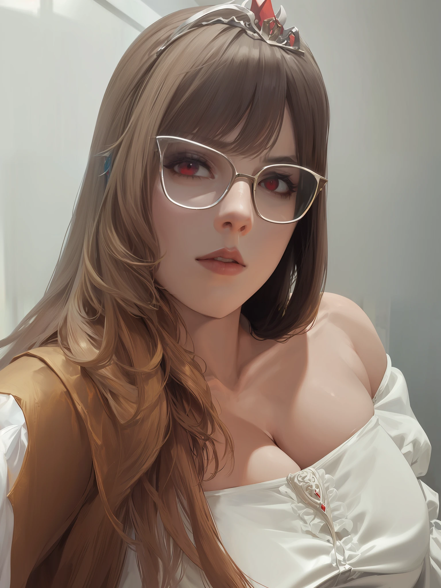 (Masterpiece, Best Quality, High Quality, Highres:1.4), Detailed, Extremely Detailed, Ambient Soft Lighting, 4K, Ornate,

Indoors, (Renaissance, Vintage:1.4), Plants, Window,

1Gril, (Solo:1.4), (Milf:1.2), Standing, Upper Body, (Face Focus:1.2),

(Extremely Detailed Hair:1.2), Blonde Hair, Long Hair, Long Sidelocks, Bangs, (Hair Intakes, High Ponytail:1.4),

Expressionless, Emotionless, (Red Eyes, Glaring, Contempt, Disgust, Looking at Viewer:1.2),

Curvy, Huge Breasts, Skindentation, (Bursting Breasts:1.2), 

(Tiara:1.2), Crown, (Cleavage, Strapless, Red Dress, Frilled Dress, Long Skirt, Puffy Skirt, Puffy Sleeves, Juliet Sleeves, Long Sleeves:1.2), Jewelry,