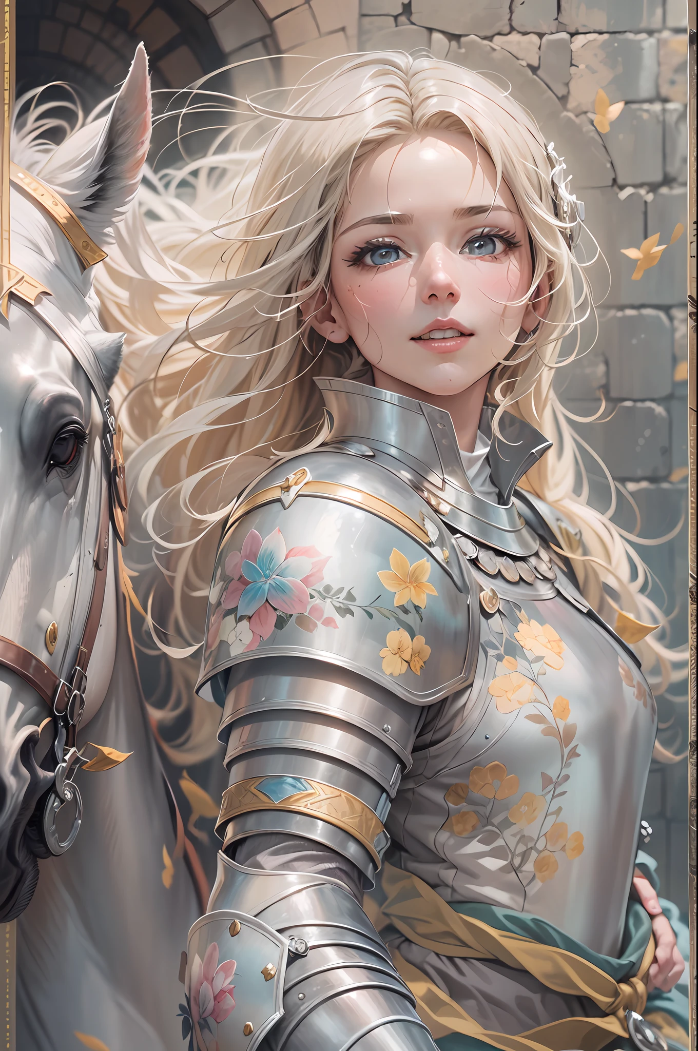 A female knight in white and silver armor. Her long blonde hair flutters in the wind when she takes off her helmet. She looks relieved after winning the battle. He passes through the castle gates and is greeted with joy by many soldiers. detailed Schneider pastel ink, soft and fantastic, fluffy, (extremely fine and beautiful), (perfect details)、(pastel color),Soft texture:1.2.(Mastepiece, Best Quality), (finely detailed beautiful eye), (finely detailed eyes and detailed face),The tones are also visibly luminous.Pale blurred outline