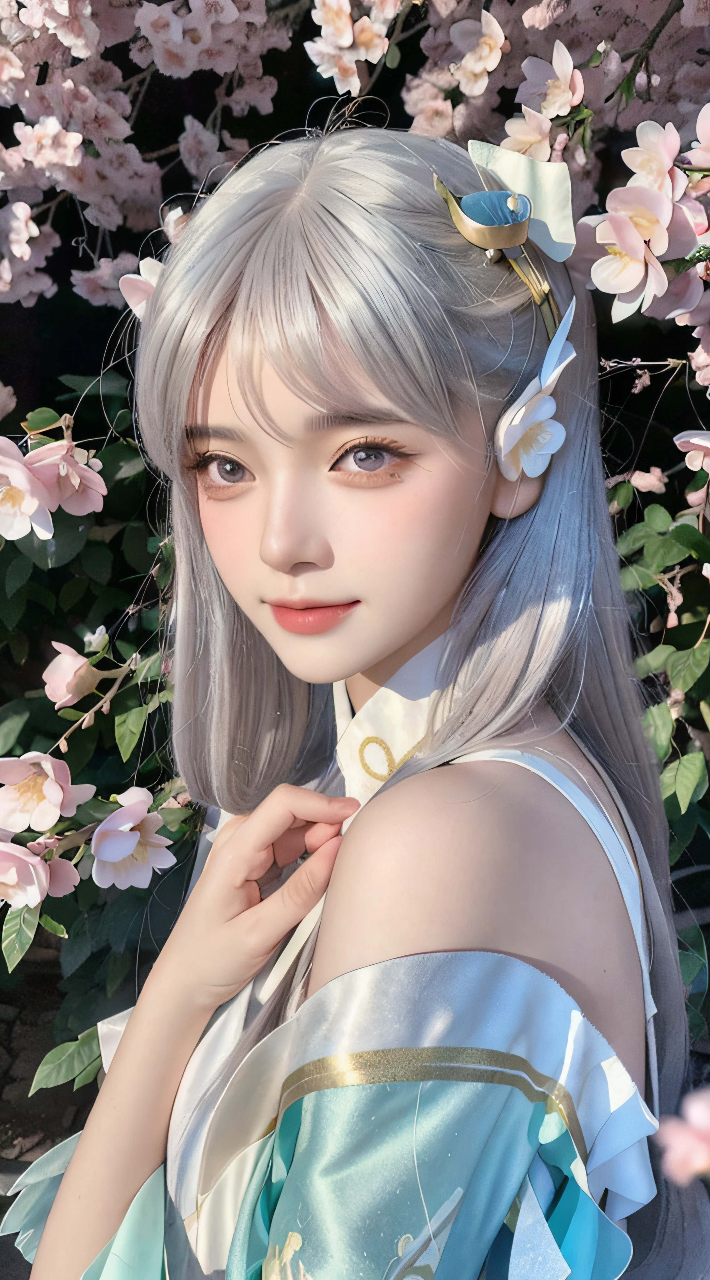 ultra high res, (photorealistic:1.4), raw photo,16K,,beautiful detailed girl, extremely detailed eyes and face, beautiful detailed eyes,light on face,cinematic lighting,1girl,looking at viewer,east asian architecture,(blurry background:1.2),cherry blossoms, lantern light, depth of field,