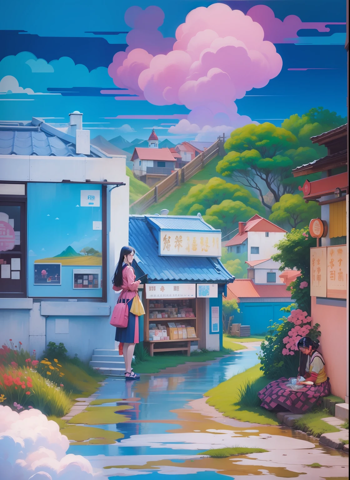 Painting of a woman standing in front of a store with a pink cloud, inspired by Bhupen Khakhar, inspired by Matsuno Chikanobu, painting of a dreamscape, Color multimedia painting, inspired by Yanagawa Shigenobu, inspired by Toyohara Chikanobu, inspired by Marianne von Werefkin A woman carrying a on her back --auto