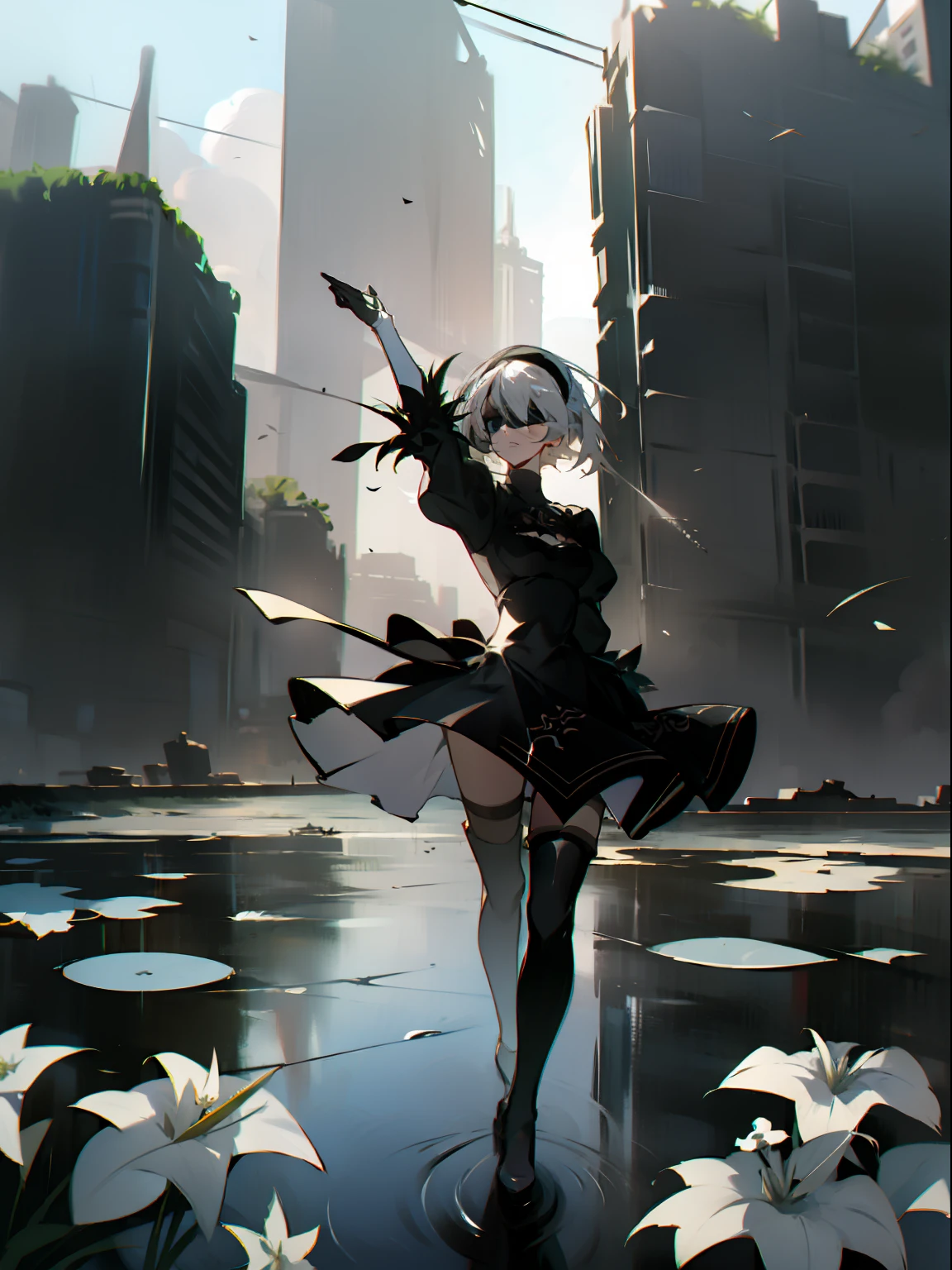 masterpiece, best quality, detailed face, extremely detailed, yorha no. 2 type b, 1girl, solo, absurdres, 8k, White hair, silver hair, black blindfold, black dress, black hairband, blindfold, eye highlights blue sky, boots, building, city, cloud, covered eyes, debris, dress, feather-trimmed sleeves, feather trim, gloves, grass, hairband, high heel boots, high heels, highres, juliet sleeves, katana, leather, leather boots, long sleeves, nier \(series\), nier automata, outdoors, overgrown, pod \(nier automata\), post-apocalypse, puddle, puffy sleeves, rubble, ruins, scenery, sky, thigh boots, thighhighs, thighhighs under boots, water, Leaves dancing in the wind, White flowers, white lilies, Light is dancing in the air,