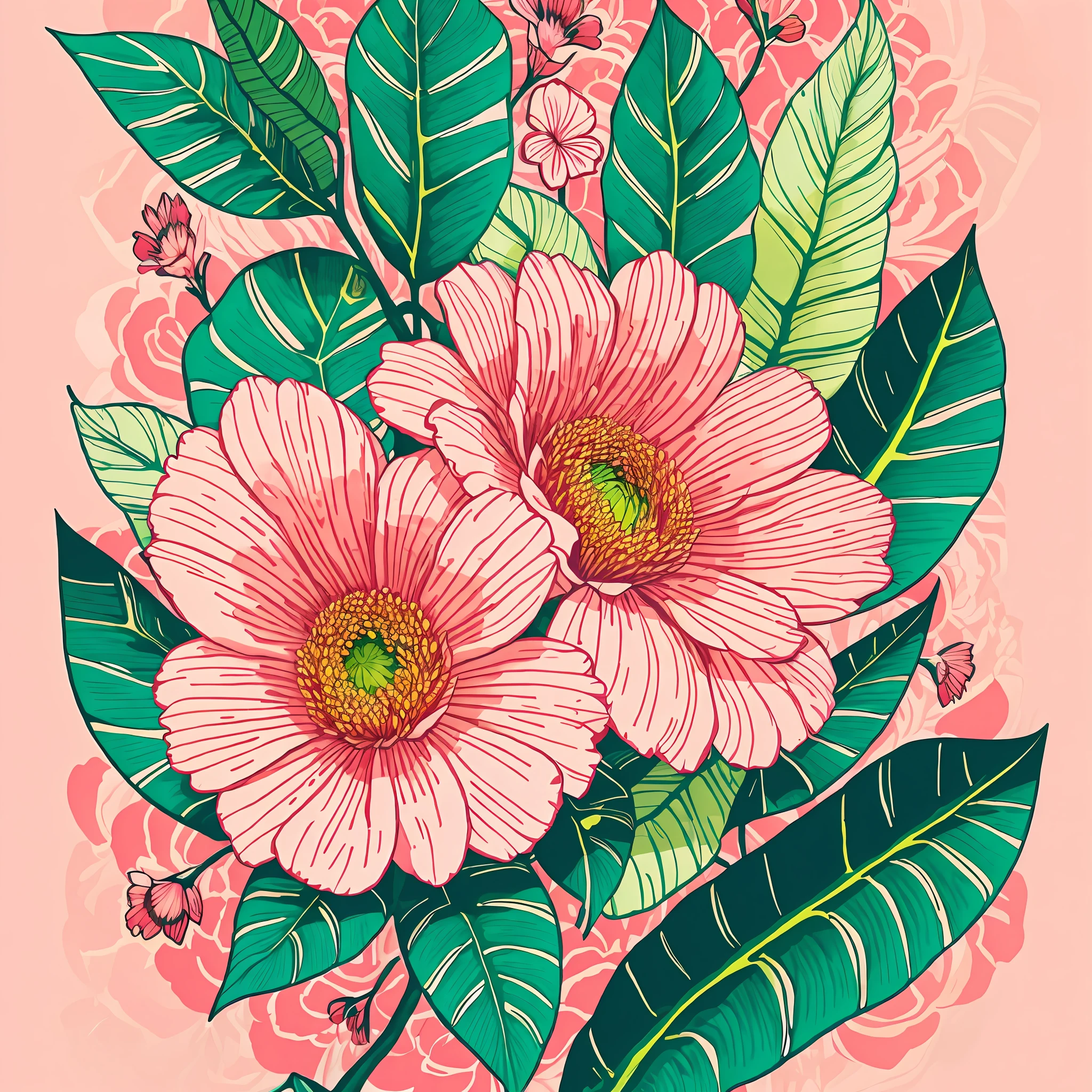 florals,Printing,downy,pastel pink,Tropical plants,flatillustration,Maximalism,Bright color scheme