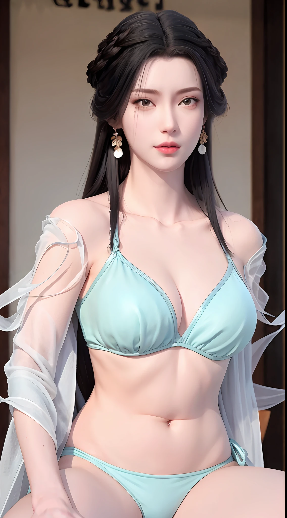 超高分辨率, (Photorealistic:1.4), RAW photo,16k,
1girll, Solo,Blush, Sitting,  Black hair, Bare shoulders, Long hair, Blue and white striped bikini swimsuit，huge tit，Light blue ribbon,Earrings,jewelry,Wide sleeves,((Shawl)),cleavage,nipslip,