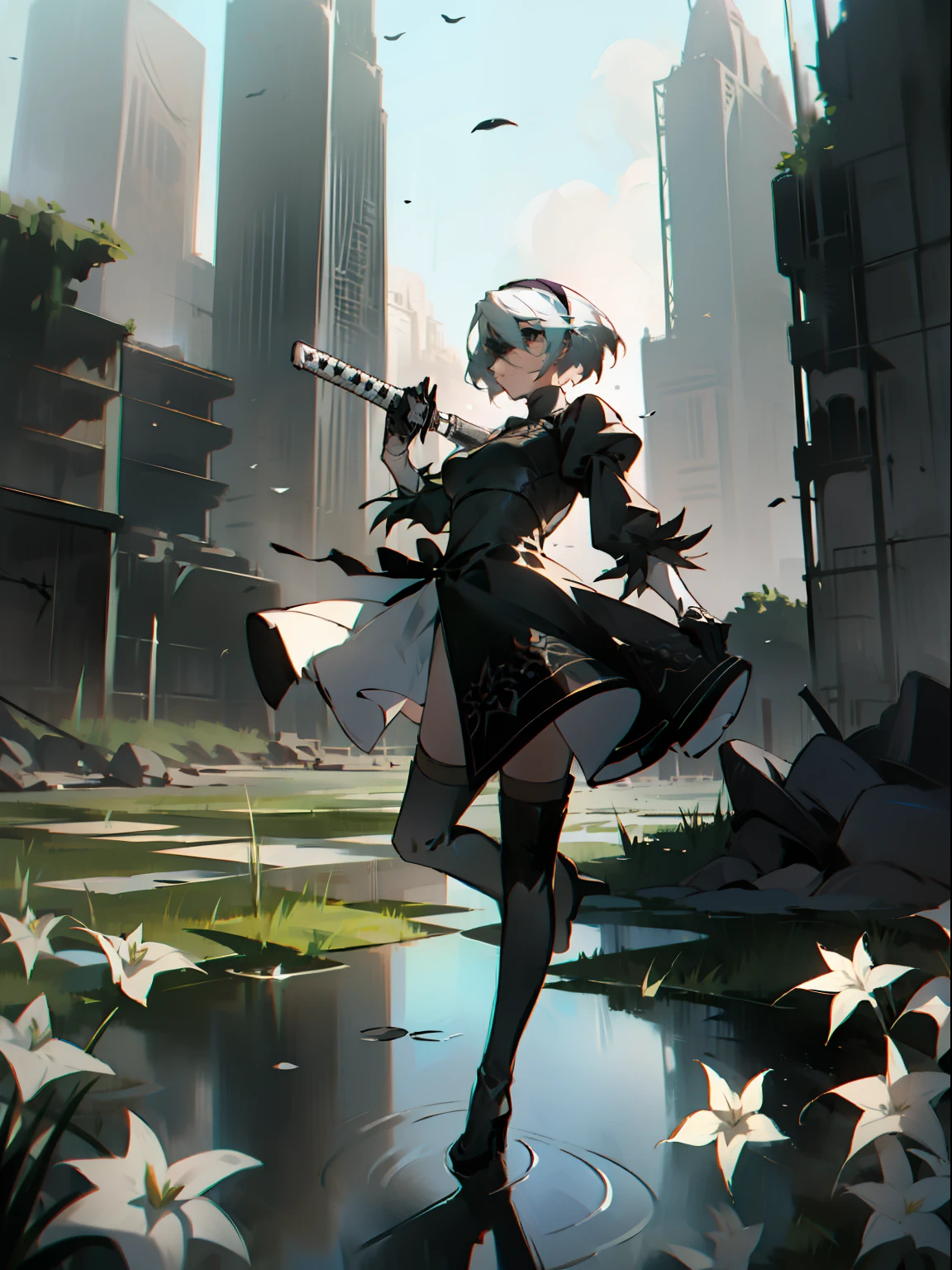 masterpiece, best quality, detailed face, extremely detailed, yorha no. 2 type b, 1girl, solo, absurdres, 8k, White hair, silver hair, black blindfold, black dress, black hairband, blindfold, eye highlights blue sky, boots, building, city, cloud, covered eyes, debris, dress, feather-trimmed sleeves, feather trim, gloves, grass, hairband, high heel boots, high heels, highres, juliet sleeves, katana, leather, leather boots, long sleeves, nier \(series\), nier automata, outdoors, overgrown, pod \(nier automata\), post-apocalypse, puddle, puffy sleeves, rubble, ruins, scenery, sky, thigh boots, thighhighs, thighhighs under boots, water, Leaves dancing in the wind, White flowers, white lilies, Light is dancing in the air,