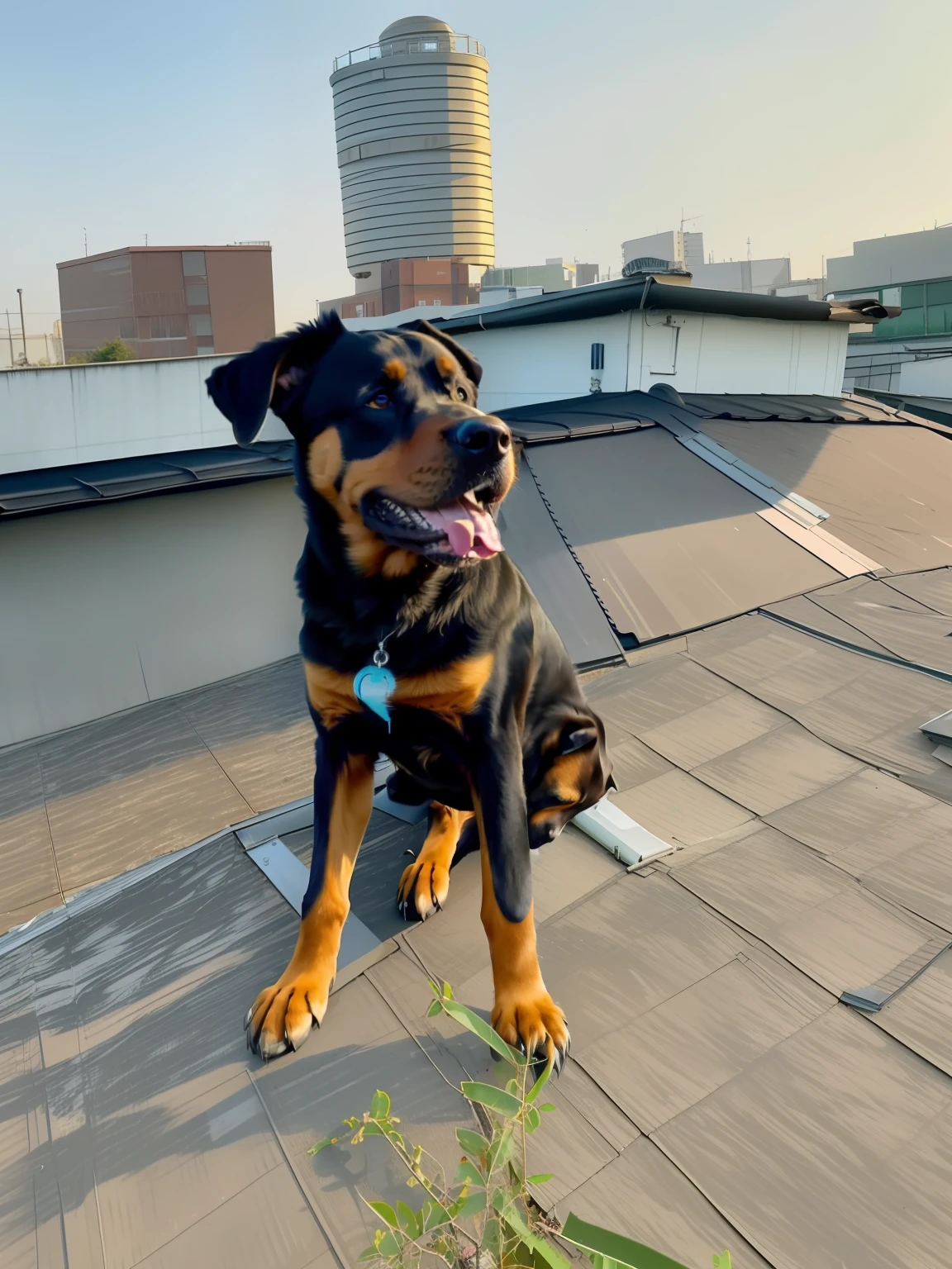 A dog sits on the roof of a building, rottweiler dinosaur hybrid,Very handsome,  sitting on rooftop, Good face, aggressive look, awww, an afghan male type, proud look