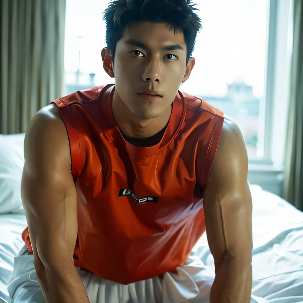 best qualtiy，（realisticlying：1.4）， tmasterpiece， Kodak Portra 400， white bed sheet，Lie flat on the bed,（Face focus：1.3），1boys ，white skinned，Show muscles， posing on a， looking at viewert ， sface focus