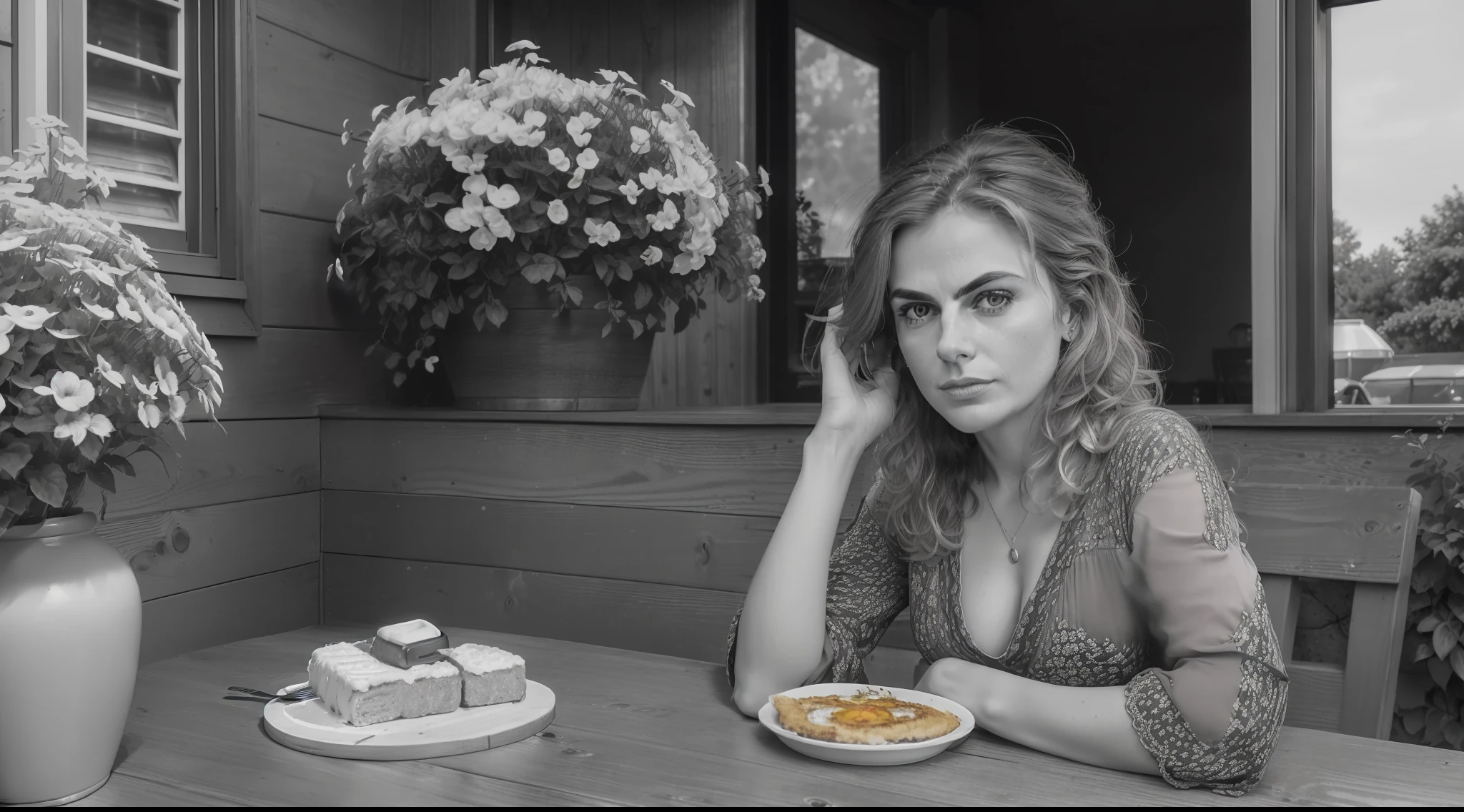 CHARACTER: (01 Canadian woman | striking resemblance to Keri Russel | 44 years old | alone | wearing casual clothes | blonder curly hair | beautiful face | best eyes | penetrative eyes | best mouth | perfect face ) ACTION: (she is having breakfast) PLACE (in the garden | flowers | wooden table) QUALITY: (masterpice | UHD 12K | photo realism | real texture | artificial light | dramatic photo | cinematic quality | analog) EFFECTS: (monochrome photography | black and white | greyscale | high contrast | film grain | white balances | deep black | equalized exposure | warm white 3000k | sooth shadows | sharp focus ) EQUIPMENT: (Arri Alexa Sxt Plus) P. O.V.: (profile shot | full shot )