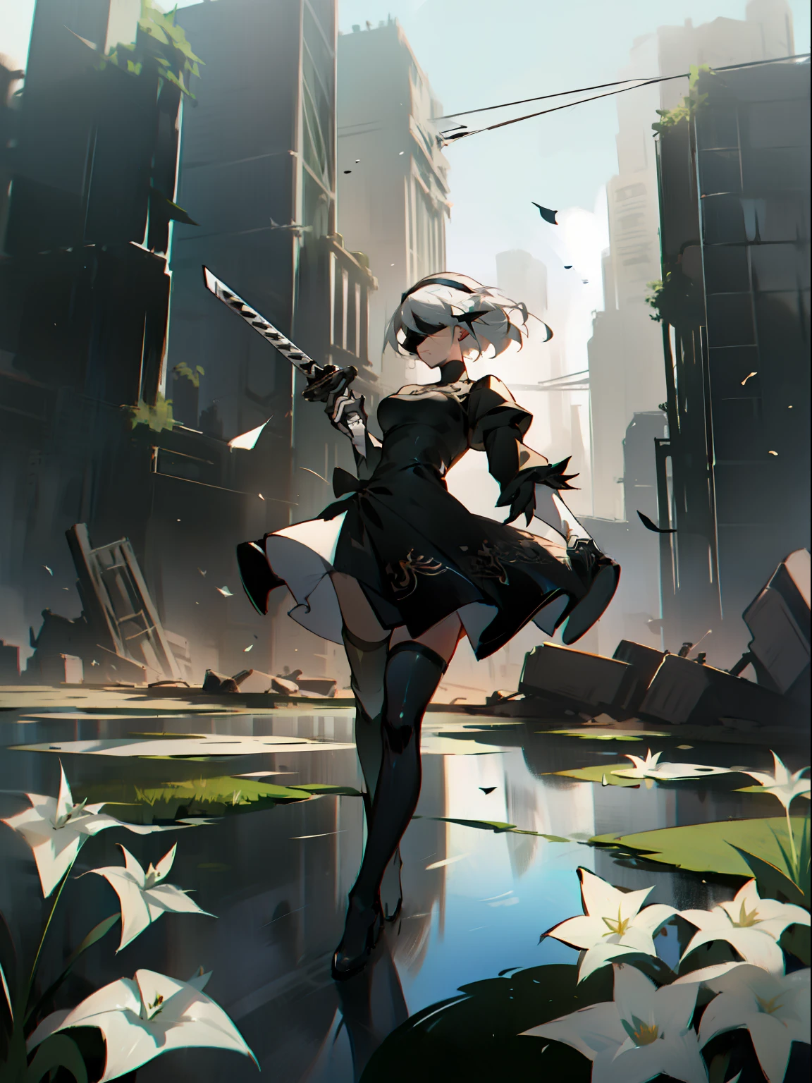 masterpiece, best quality, detailed face, extremely detailed, yorha no. 2 type b, 1girl, solo, absurdres, 8k, White hair, silver hair, black blindfold, black dress, black hairband, blindfold, eye highlights blue sky, boots, building, city, cloud, covered eyes, debris, dress, feather-trimmed sleeves, feather trim, gloves, grass, hairband, high heel boots, high heels, highres, juliet sleeves, katana, leather, leather boots, long sleeves, nier \(series\), nier automata, outdoors, overgrown, pod \(nier automata\), post-apocalypse, puddle, puffy sleeves, rubble, ruins, scenery, sky, thigh boots, thighhighs, thighhighs under boots, water, Leaves dancing in the wind, White flowers, white lilies, Light is dancing in the air,