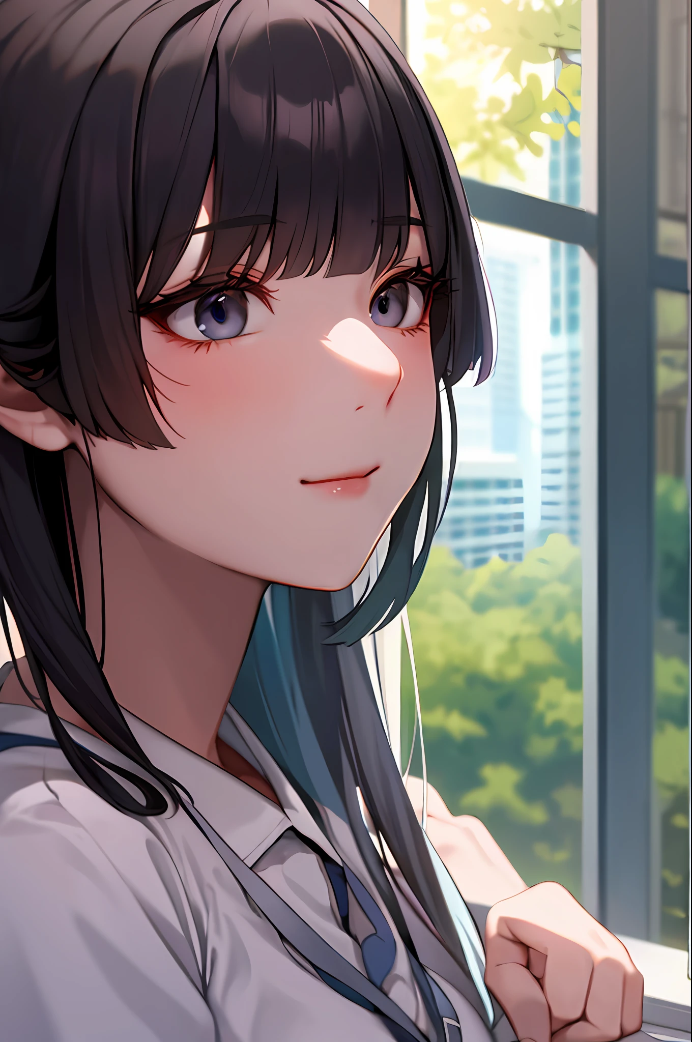 1人、White shirt、a matural female、Blunt bangs、the bow、a picture、realisticlying、top-quality、adopt、A detailed face、s Office、Building from the window、细致背景、diffuse sunlight、depth of fields、Bokeh