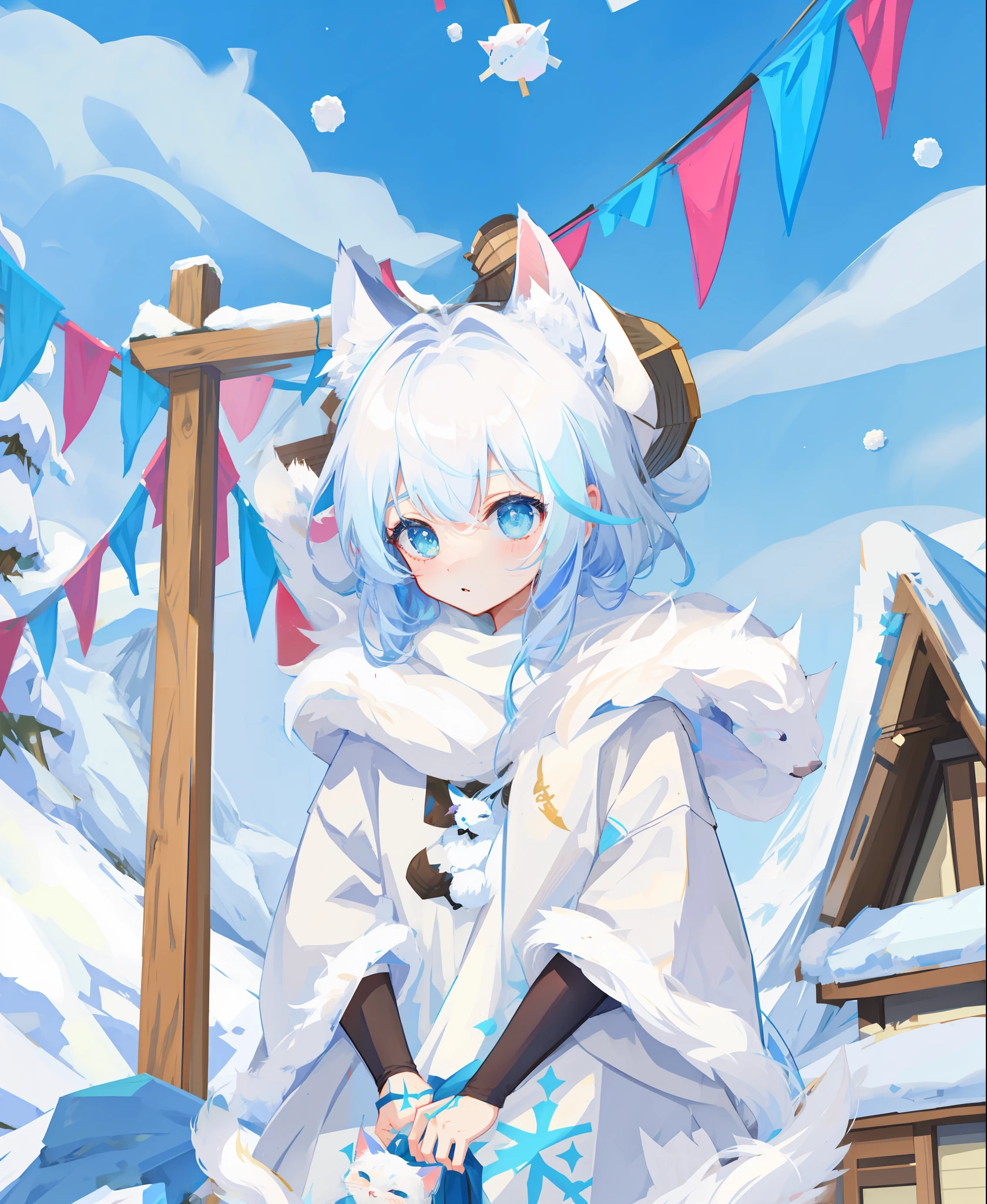 anime girl in white coat standing in front of a snowy house, white cat girl, white - haired fox, white fox ears, white ( cat ) girl, keqing from genshin impact, female furry mini cute style, from arknights, genshin, winter concept art, cold as ice! 🧊, character art of maple story, heavy winter aesthetics