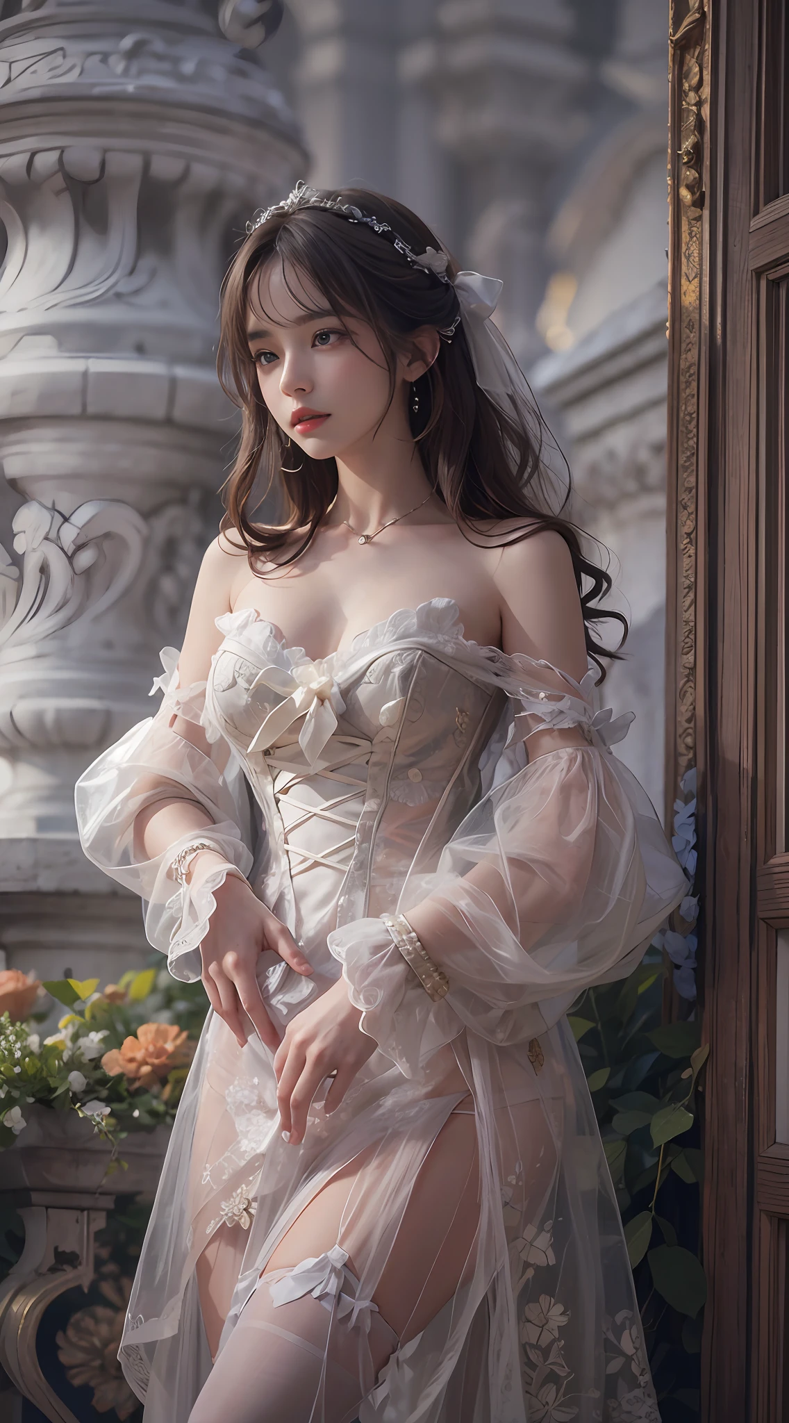 （8K， RAW photos， best qualtiy， tmasterpiece：1.2），（realisticlying， photograph realistic：1.4)
Lolita costume，Lace， Aerith Gainsborough， The upper part of the body， undergarments，exposed bare shoulders， do lado de fora， Old castle， high high quality， Adobe Lightroom， highdetailskin， looking at viewert，