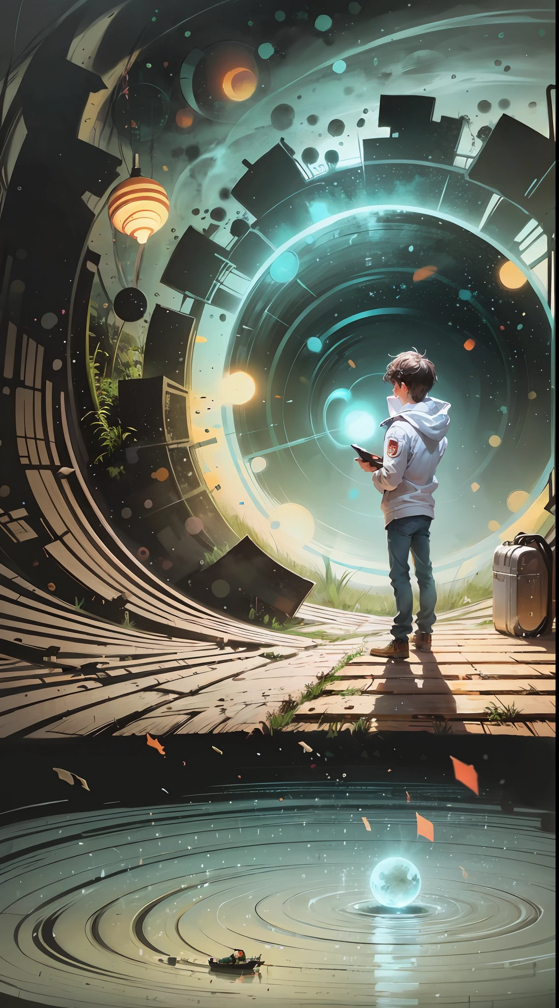 um homem parado em frente a um portal espacial com vista para o sol, cyril rolando e goro fujita, portal para outro universo, inspirado em Cyril Rolando, Portal to another dimension, world seen only through a portal, fantasia de alta qualidade banco de fotos, portal para outro mundo, Portal to outer space, no estilo de cyril rolando, staring into space