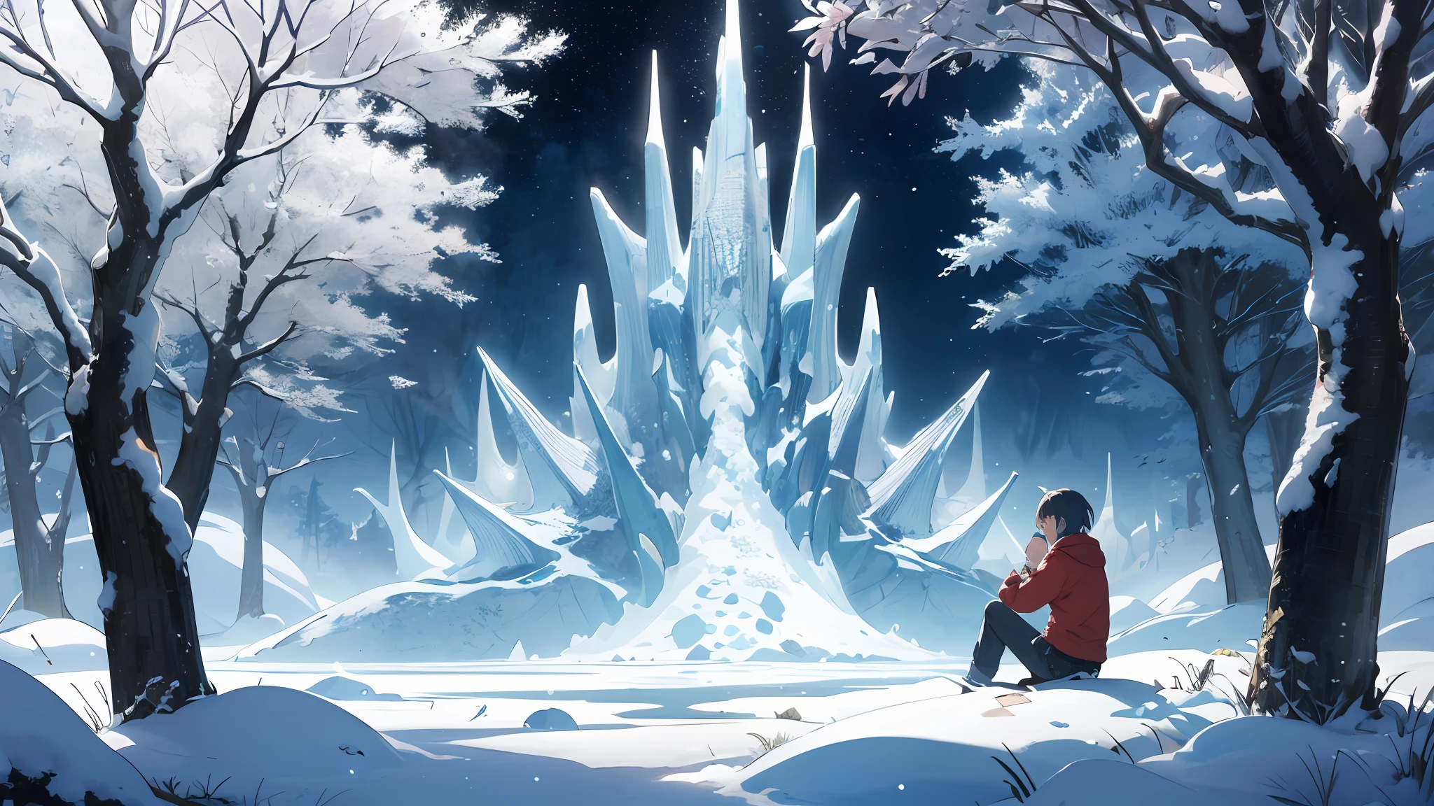 absurds,High res,ultra Detailed,official arts,统一 8k 壁纸,ultra Detailed,Beauty and aesthetics,master masterpiece,best best quality,(zentangle,Ice and snow,Tangles,Entanglement),(s fractal art:1.3),PhotoRealistic,(master masterpiece,top quality,best best quality,official arts,Beauty and aesthetics:1.2),Very Detail,s fractal art,variegated,most details,zentangle,(Abstract Background:1.5)(1boy:1.3),Kamimei,(Glowing blue eyes),Enigmatic,(MAGIC),((Sit on a tree)),Ice and snow